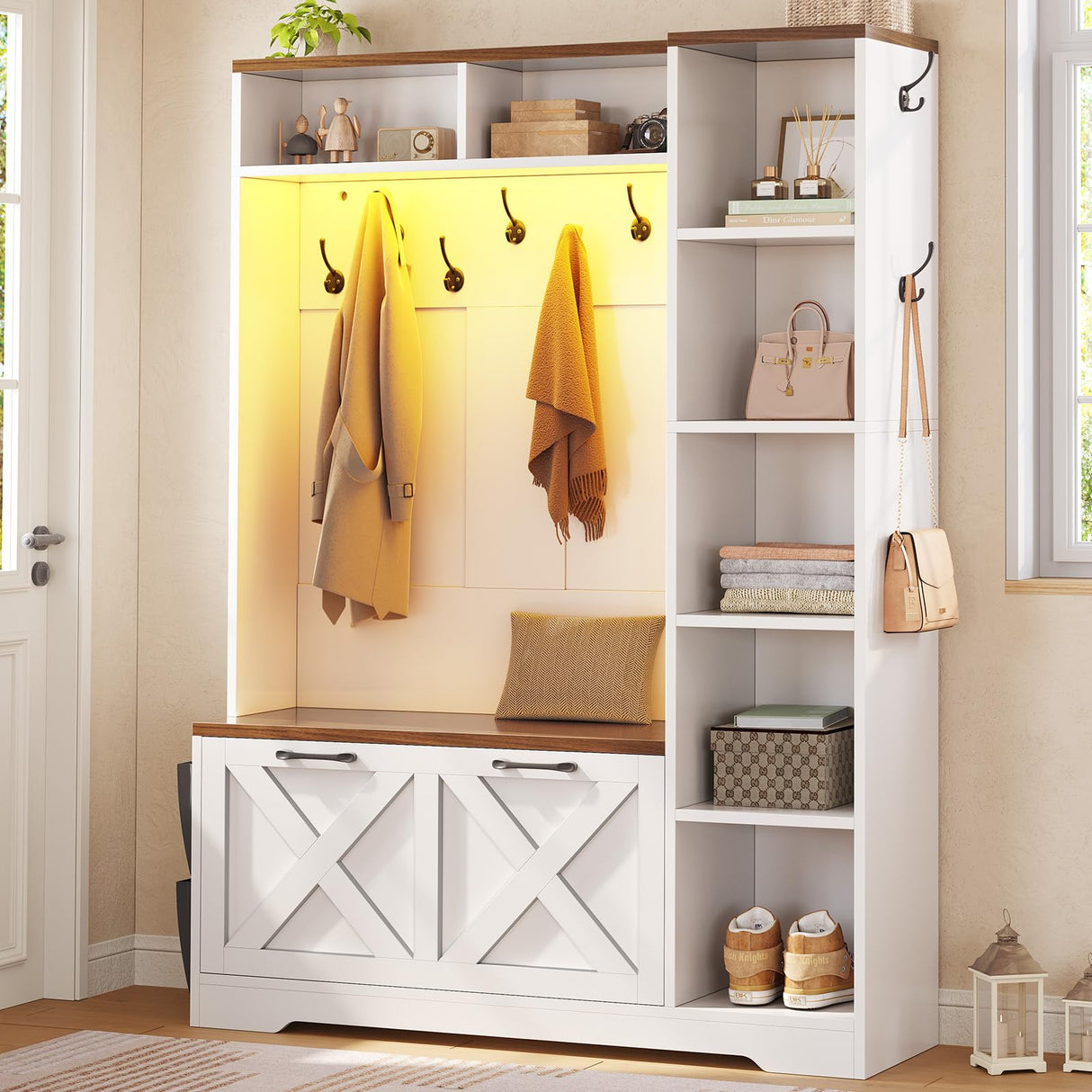 Itaar Hall Tree with Bench and Shoe Storage, Farmhouse Entryway Bench with Coat Rack, Shoe Cabinet with Flip Drawers, 7 Shelves, 10 Coat Hooks, Storage Bag, Led Lights, White Itaar