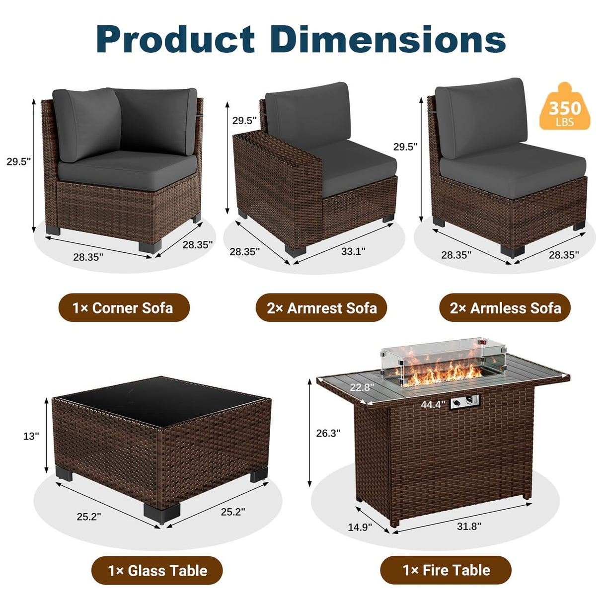 VONZOY Patio Furniture Set with Fire Pit Table, 7 Piece Outdoor Sectional Conversation Sets Wicker Rattan Sectional Sofa with Coffee Table for Patio Garden Backyard, 4'' Thickened Cushion Dark Grey VONZOY