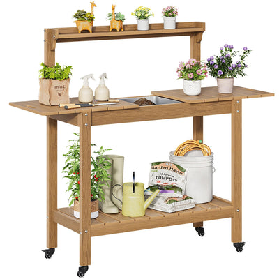 HDPS Outdoor Potting Bench with Sliding Tabletop/ 4 Wheels/Removable Sink, All-Weather Outside Garden Work Table, No Rust/Fade/Break, Potting Station for Porch, Patio & Backyard (Teak)