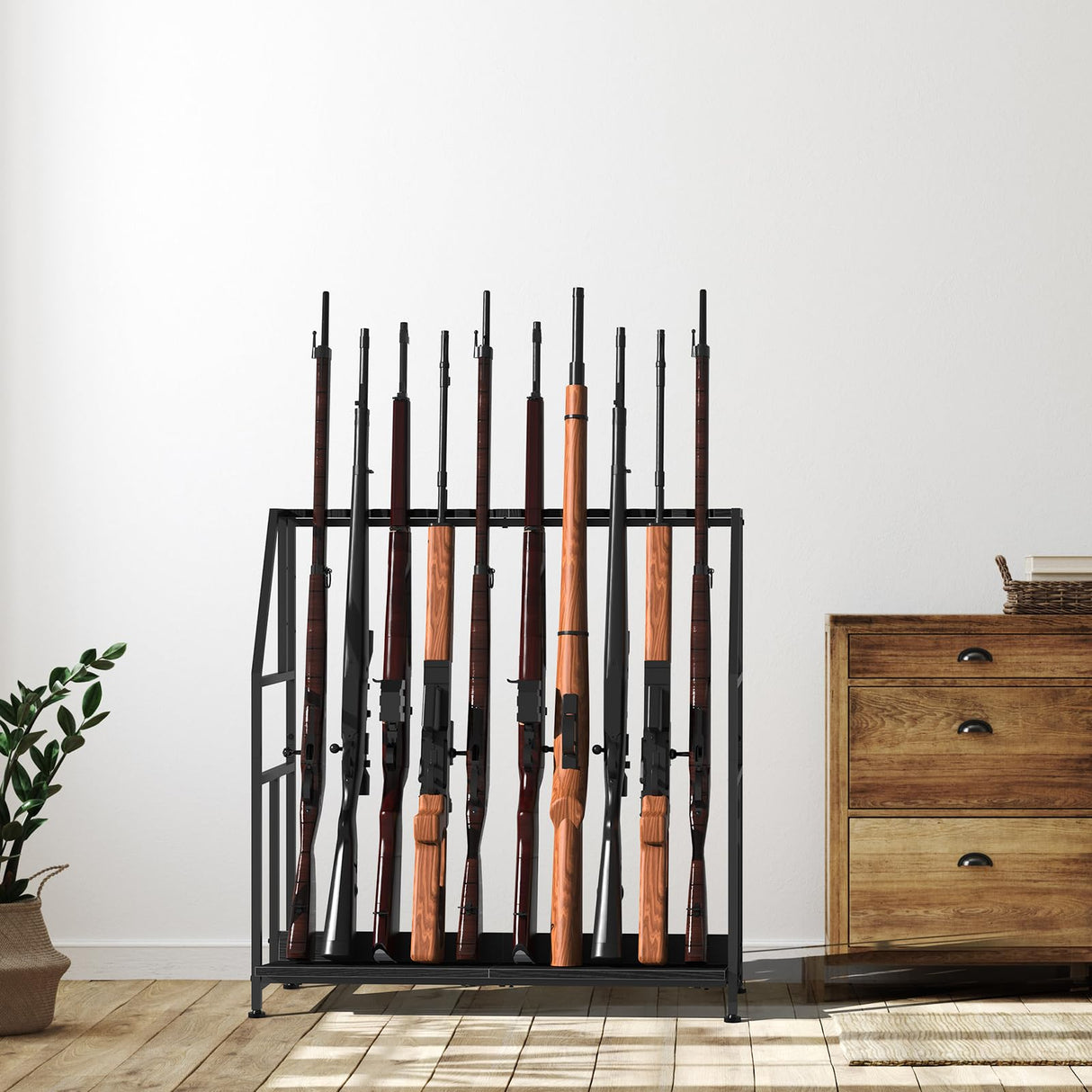 Gun Racks,Wooden Indoor Rifle Racks,Floor Standing Shotgun Rack Indoor, Gun Display Rack Storage Holder for Home or Garage Gun Storage Black - Holds up to 10 Long Guns Shinoske
