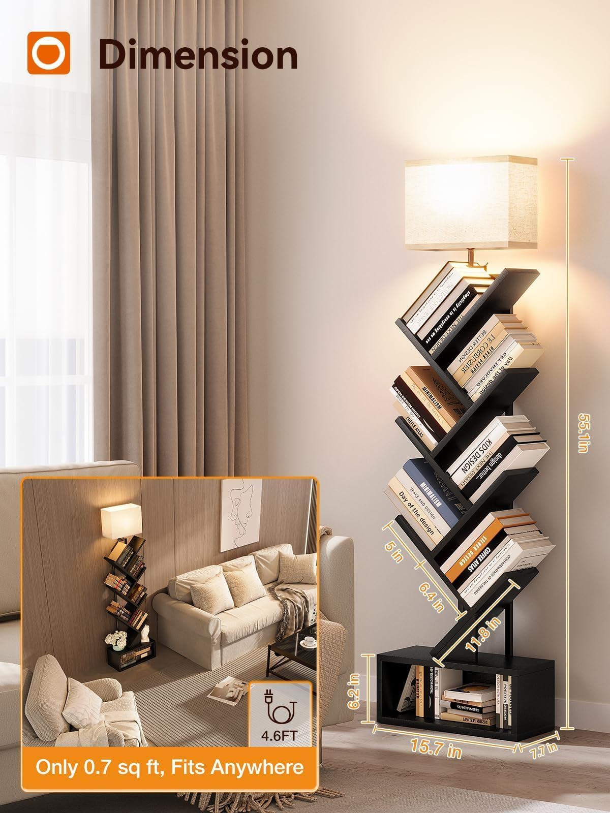 addlon 6-Tier Tree Book Shelf with LED Light, Steel&Wood Bookshelf with Storage Cabinet, Narrow Tall Bookcase with 3CCT Bulb, Small Bookshelf for Bedroom, Home Office&Living Room-Black Oak addlon