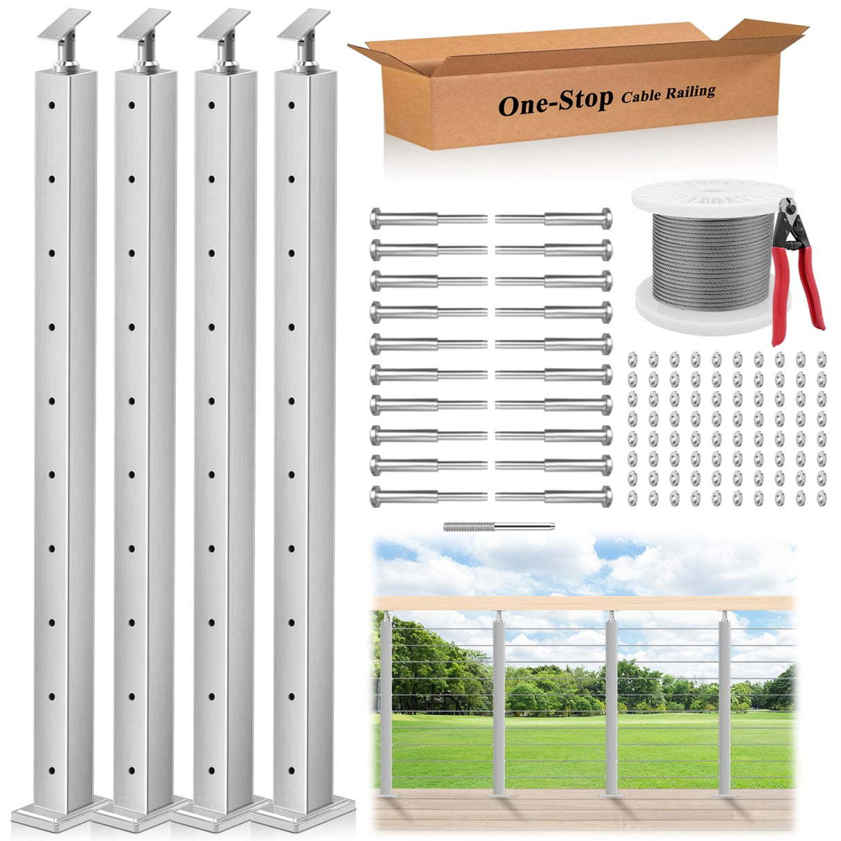 Gyykzz One-Stop Cable Railing Post Kits, 4Pack Brushed Finish Level Drilled Line Post 36", Adjustable Top Cable Railing System Including 4 Railing Posts, 160ft Cable, 10 Set Terminal, 80 Cable Sleeves Gyykzz