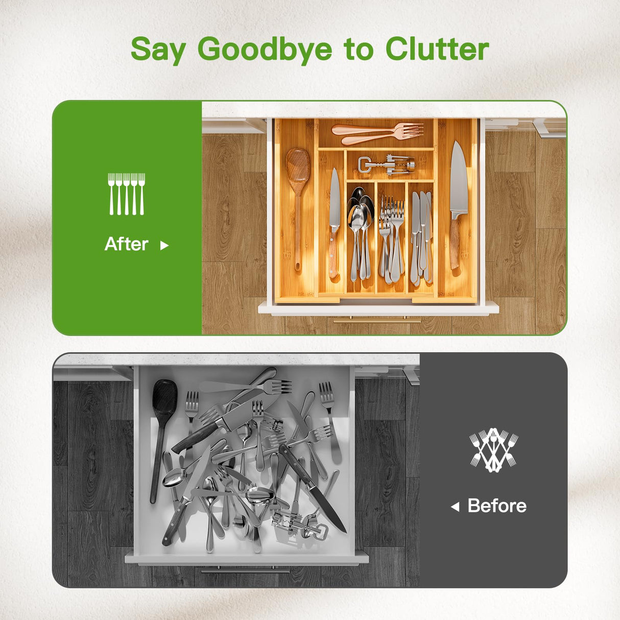 Pipishell Bamboo Expandable Drawer Organizer for Utensils Holder, Adjustable Cutlery Tray, Wood Drawer Dividers Organizer for Silverware, Flatware, Knives in Kitchen, Bedroom, Living Room(M-N) Pipishell