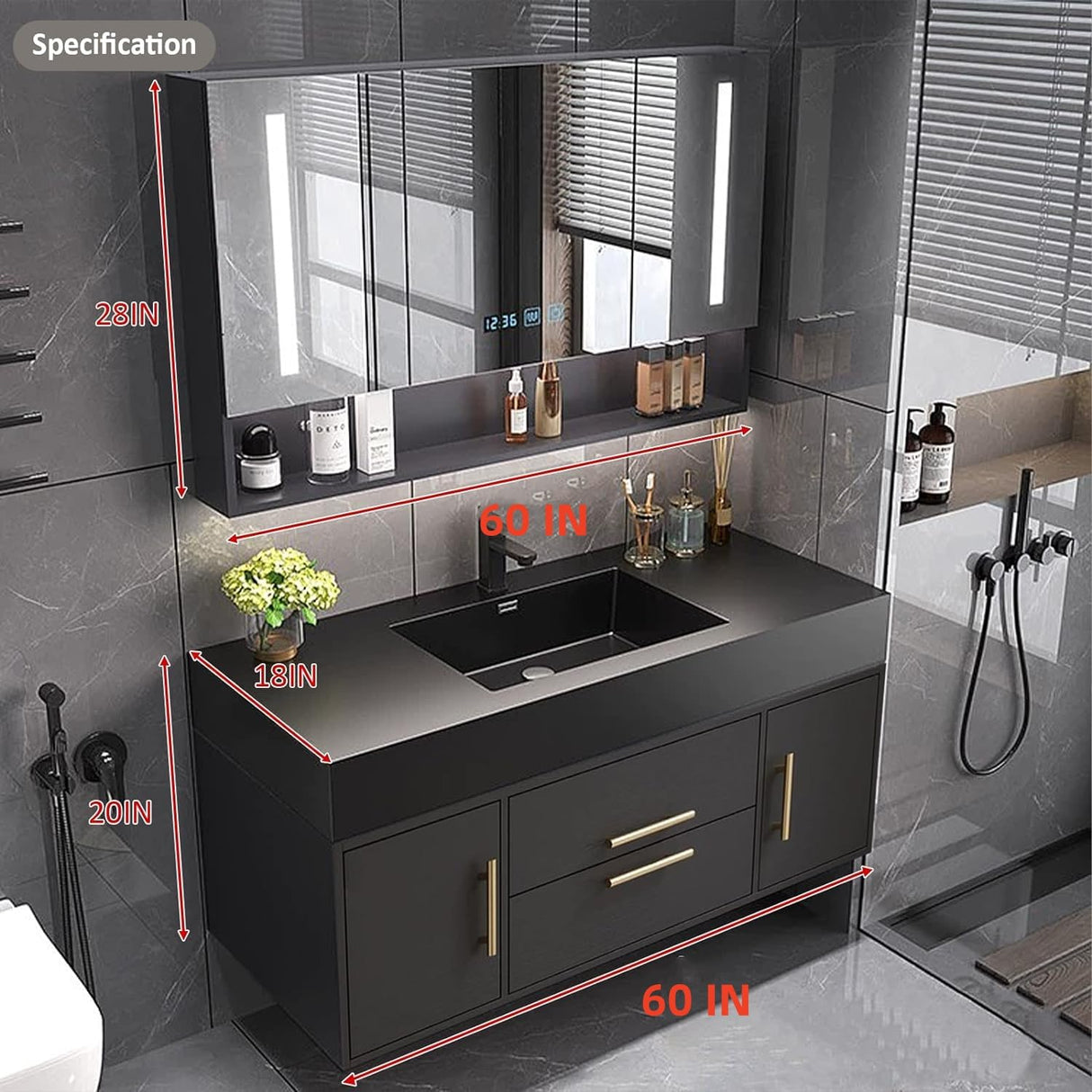TIZAZO 60IN Bathroom Vanity with Single Sink -Smart Demisting Mirror Cabinet & LED Lighting | Modern Wall Mounted Bathroom Vanity TIZAZO