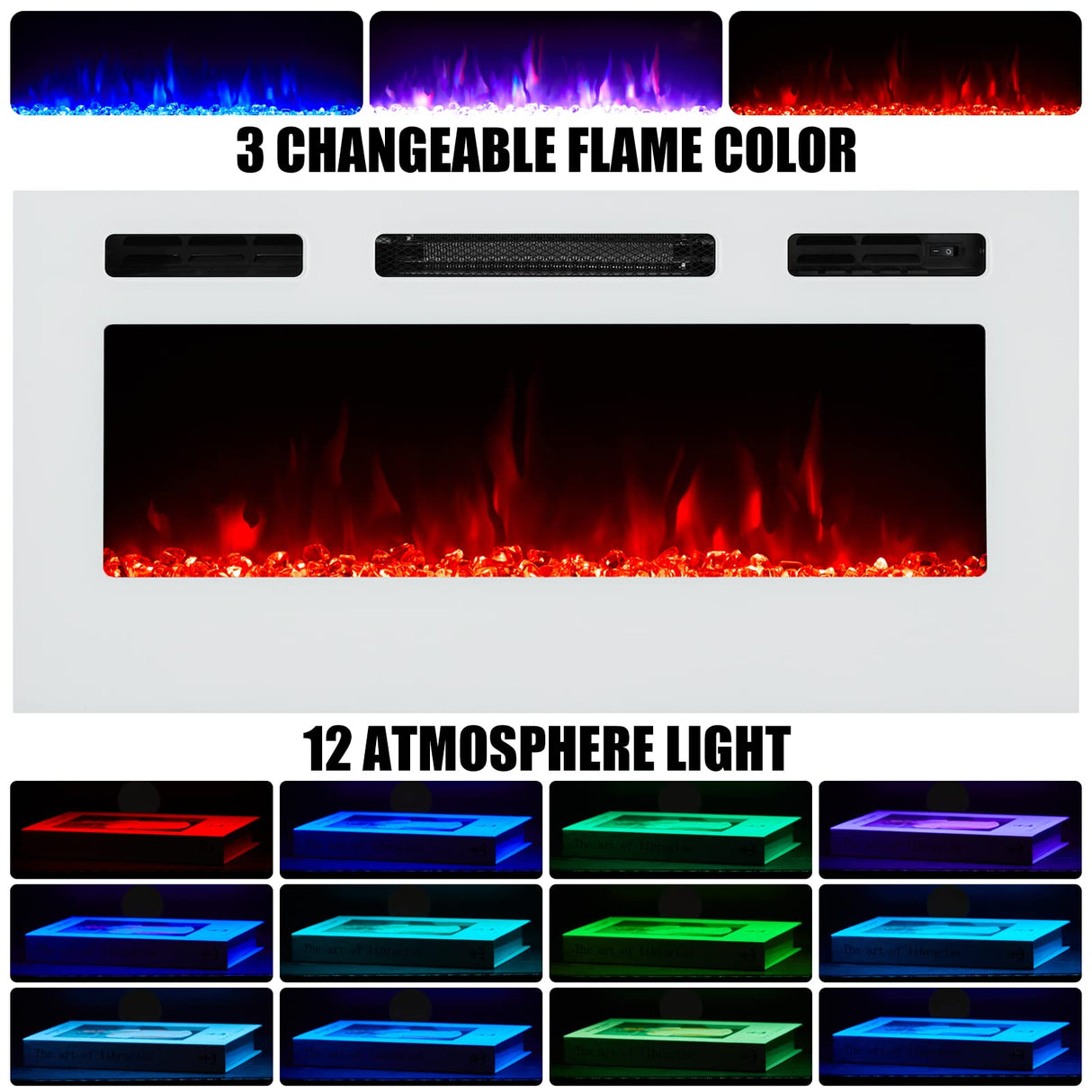 AMERLIFE Fireplace TV Stand with 36" Electric Fireplace, LED Light Entertainment Center, Modern Wood Texture Entertainment Stand with Highlight Storage Cabinet for TVs Up to 80", 70", Black & White AMERLIFE