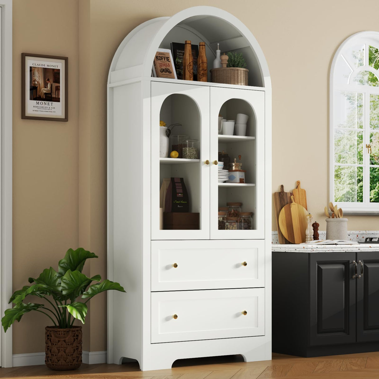 70" Tall Arched Kitchen Pantry Cabinet with LED Lights, Wood Kitchen Storage Cabinets with Glass Doors and 2 Large Drawers, Modern Versatile Cupboard with Adjustable Shelves for Dining Room, White Gyfimoie