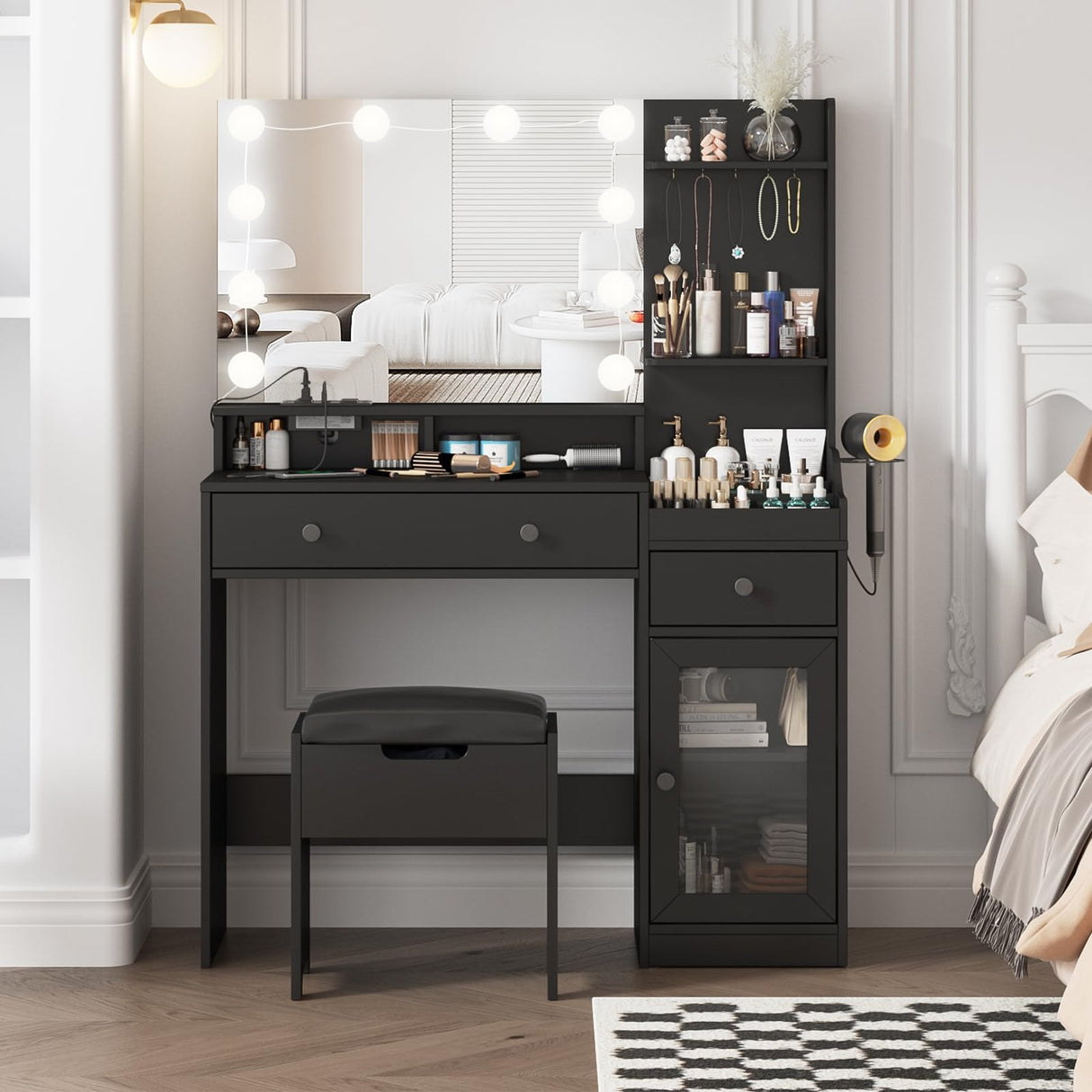 Vabches Makeup Vanity with Mirror and 10 Lights, Big Vanity with 3 Storage Compartments & Power Outlets, Vintage Vanity Set with Large Drawer and Cabinet, 39.8inch, Black Vabches