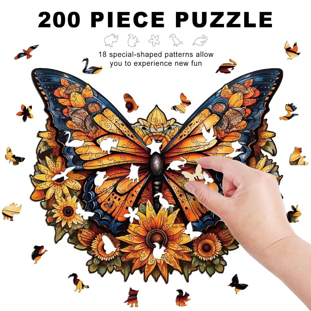 Wooden Puzzles for Adults - 200 Pieces Butterfly Unique Shaped Wooden Jigsaw Puzzles for Adults, Medium Size 10'' x 12'' Adult Wood Puzzles for Family Friend Game Offito