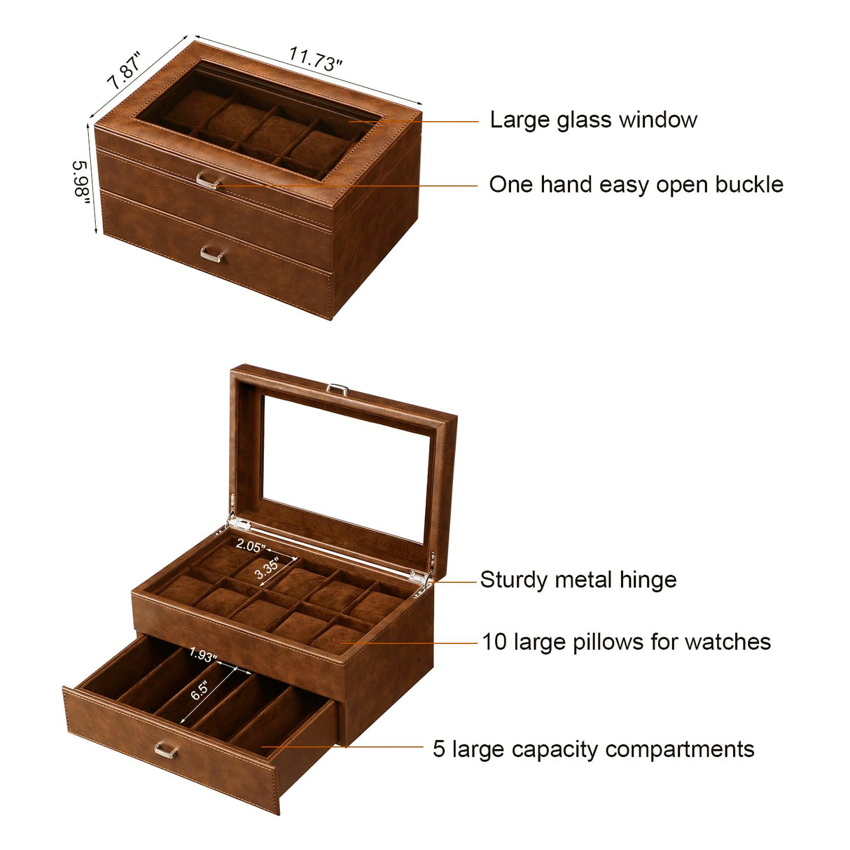 BEWISHOME Watch Box for Men Luxury Watch Case -10 Slots Watch Organizer with Drawer for Sunglass and Watch Storage, Large Glass Top, Faux Leather,Brown SSH34Z BEWISHOME