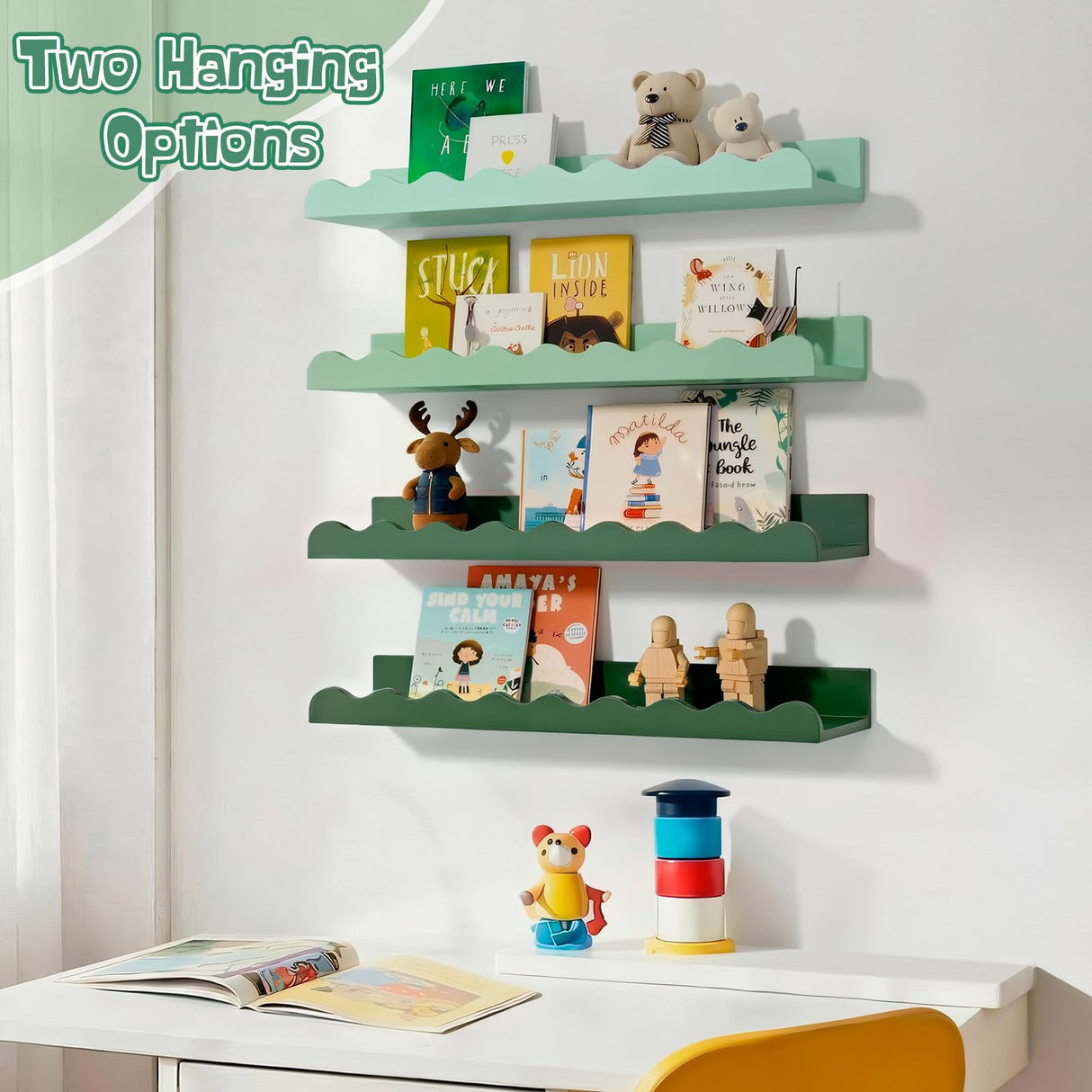 Fiwochic 4 Pcs Sage Green Scalloped Nursery Book Shelves, 15.75 Inch Wood Floating Wall Shelves for Bedroom, Cute Room Shelf for Picture Ledge Stuffed Animal Home Decor Kitchen Spice Fiwochic