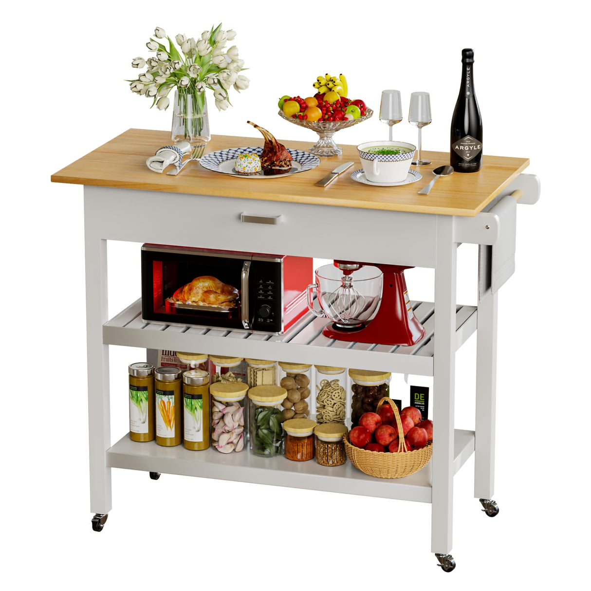 HiDSLiving Kitchen Island 42" Rolling Kitchen Island Cart On Wheels with Drawer Towl Rack 3 Tiers Rolling Utility Cart with Solid Wood Top Serving Trolley for Dining Room White HiDSLiving