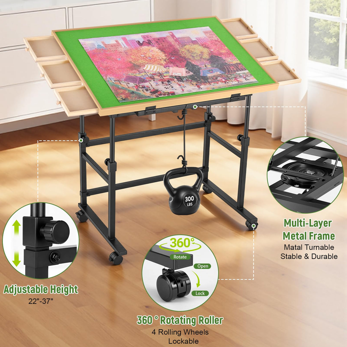 Tranqio 1500 Piece Jigsaw Puzzle Table with Metal Lazy Susan, Rotating Adjustable Height Puzzle Desk with Legs for Adults, 4-Tilting-Angle Portable Wooden Game Board with 6 Drawers & Cover Tranqio