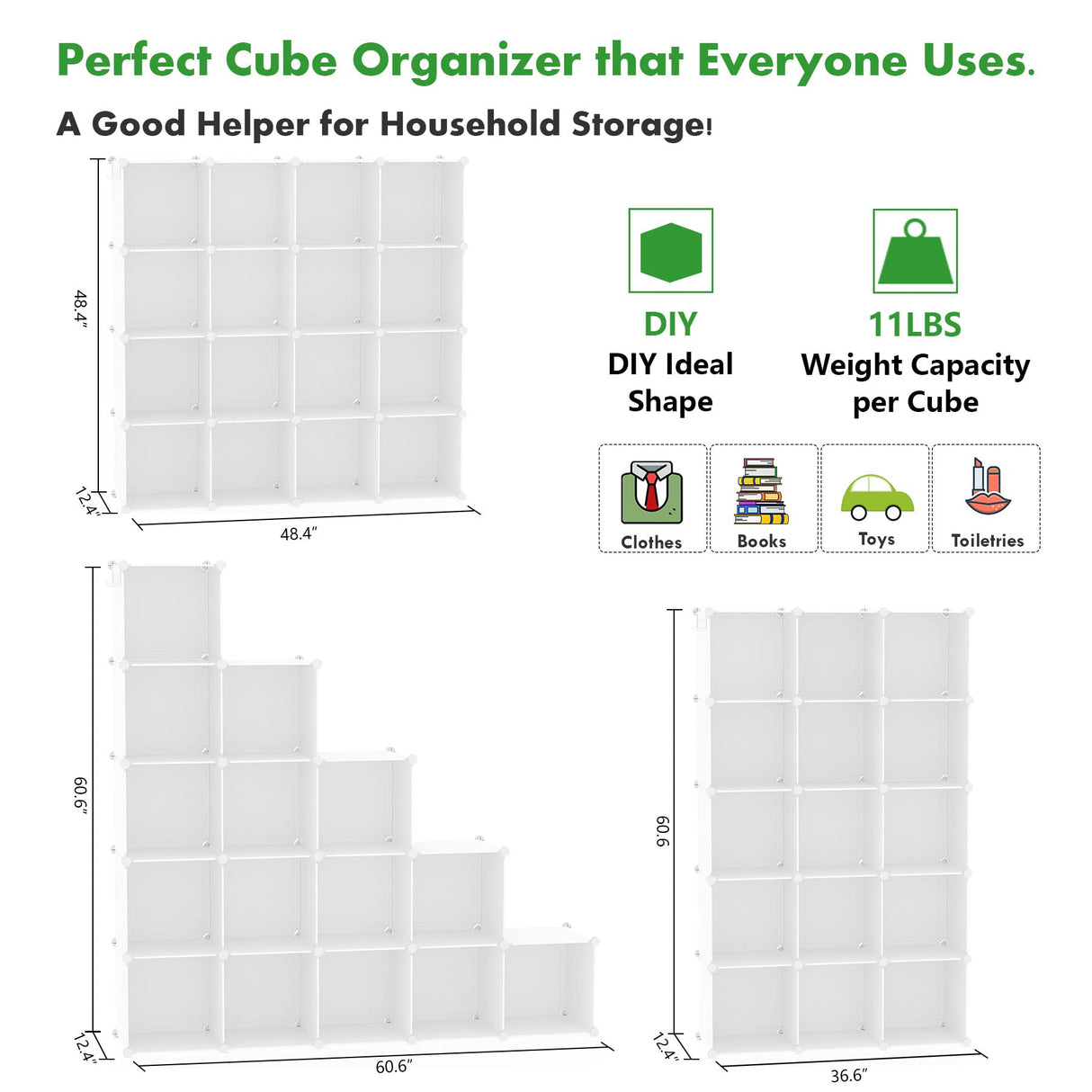 C&AHOME Cube Storage Organizer, 16-Cube Shelves Units, Plastic Storage Cubes, DIY Closet Organizer, Modular Closet Storage Shelves Ideal for Home, Bedroom, 48.4" L × 12.4" W × 48.4" H Milky UPCS16M C&AHOME