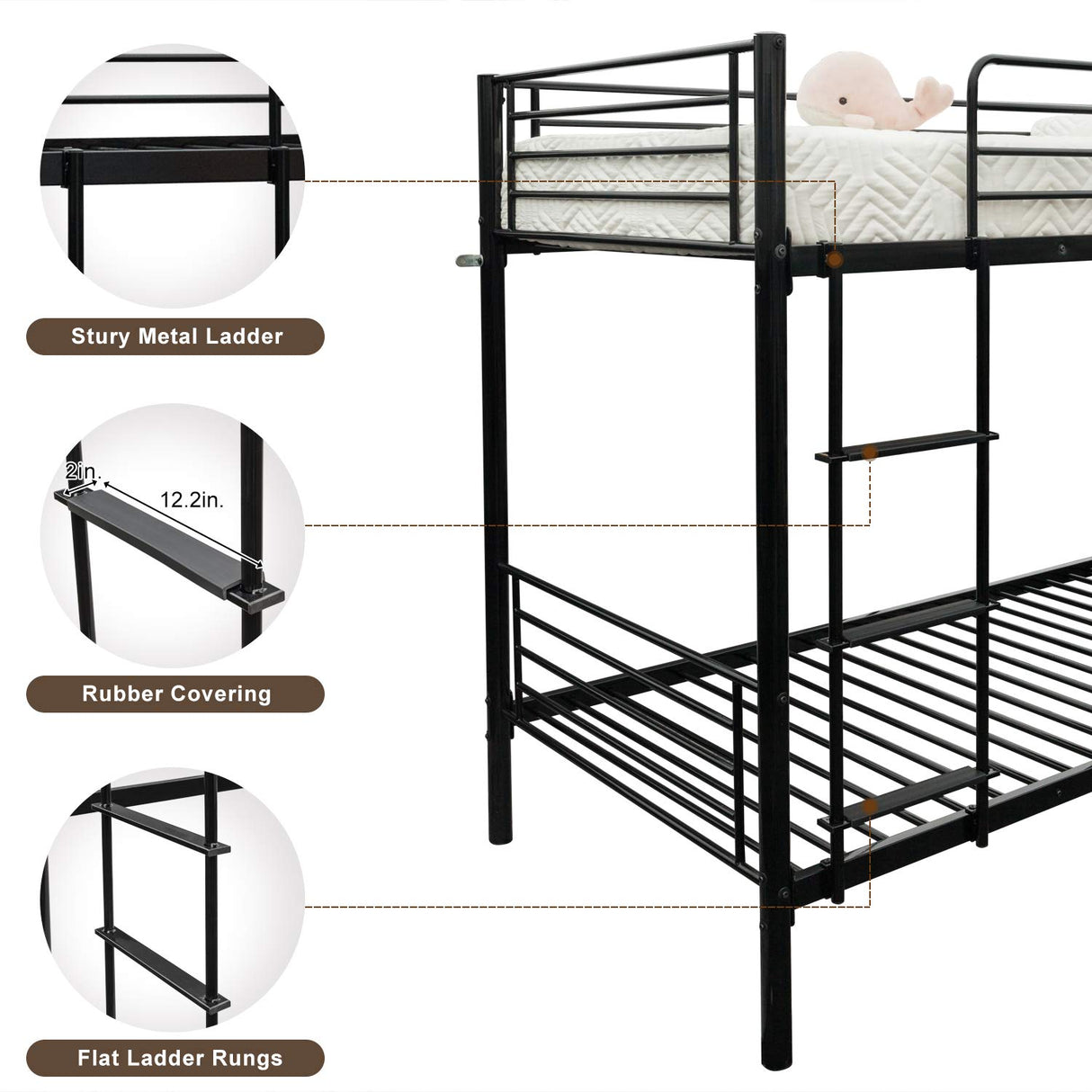 Bonnlo Bunk Bed Twin Over Twin for Kids/Teens/Adults Heavy Duty Bunk Bed with Flat Ladder and 13 inches High Guardrail, Metal Bunk Bed with Stairs, Black Bonnlo