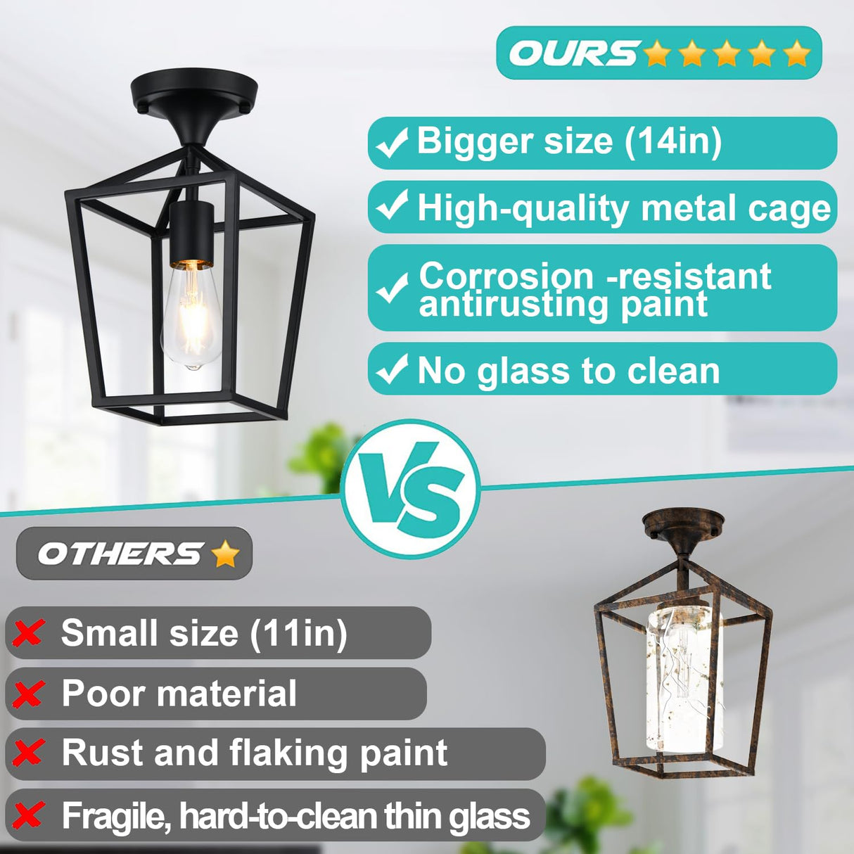 【Upgraded】 Semi Flush Mount Ceiling Light, Black Industrial Ceiling Light Fixtures, Farmhouse Light Fixture for Entryway Porch Hallway Stairway Garage Living Room Dining Room Balcony Lynnoland