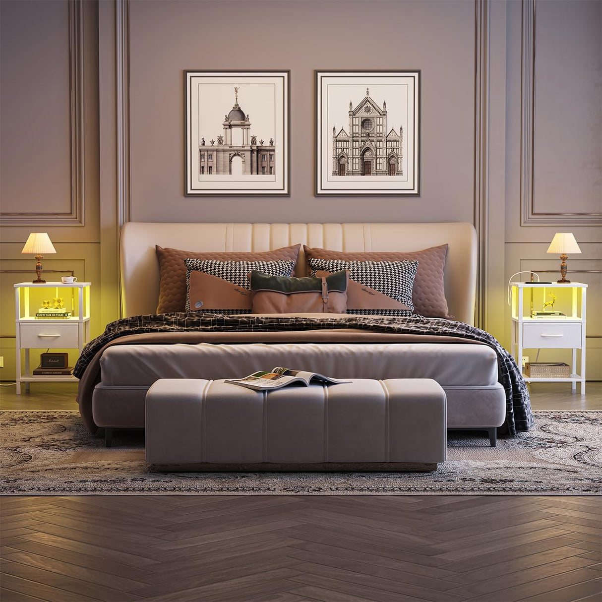 VIMBER Nightstand Set of 2, Adjustable LED Side Table with Charging Station and Fabric Drawer,Beside Tables with Open Compartment for Living Room, Easy Assemble, 3 Tier End Table for Bedroom, White VIMBER