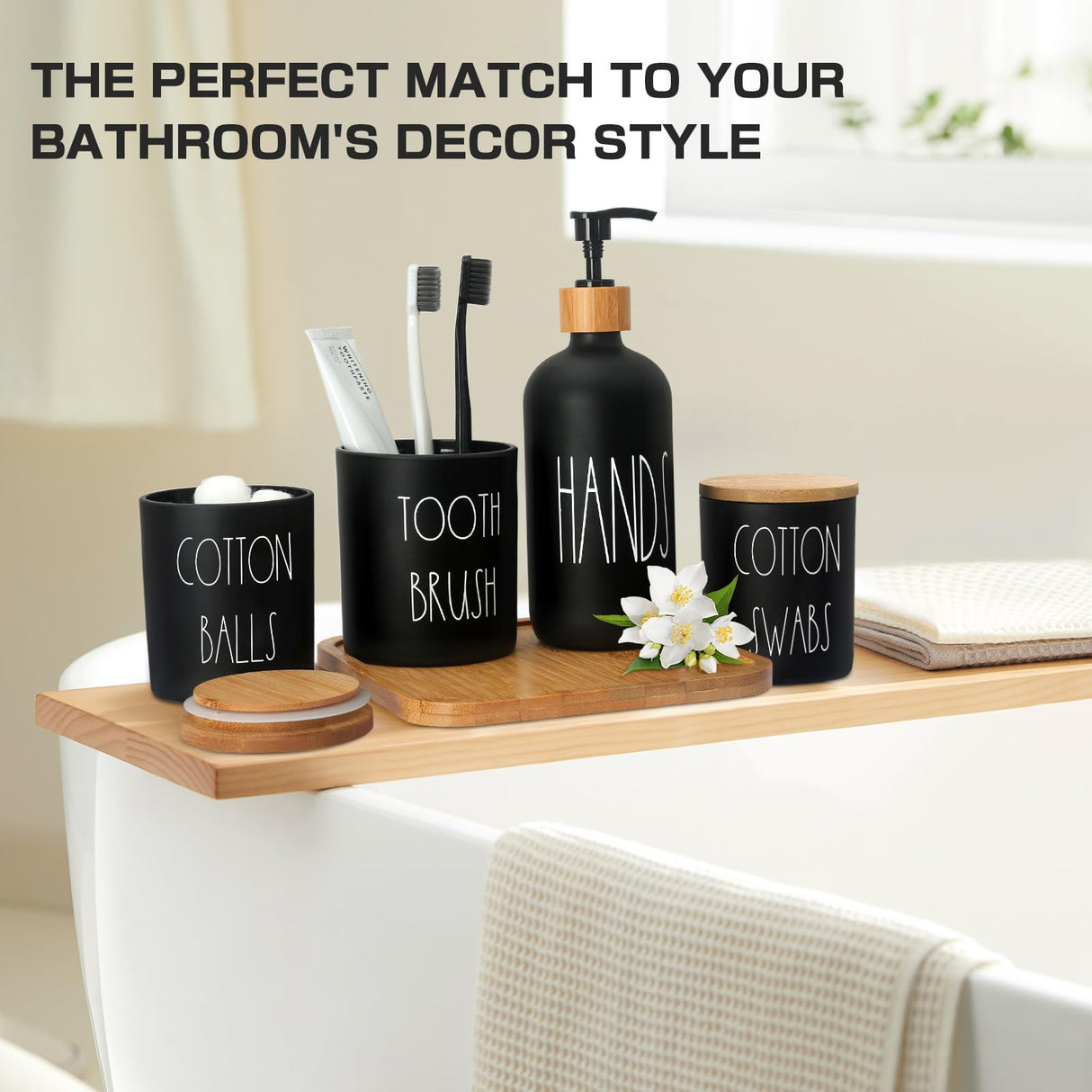 ALPIRIRAL Matte Black Bathroom Accessories Set, 5 Pcs Glass Bathroom Accessory Set with Bamboo Tray, Soap Dispenser and Toothbrush Holder Set, Qtip Holder Set, Farmhouse Boho Bathroom Set Complete ALPIRIRAL