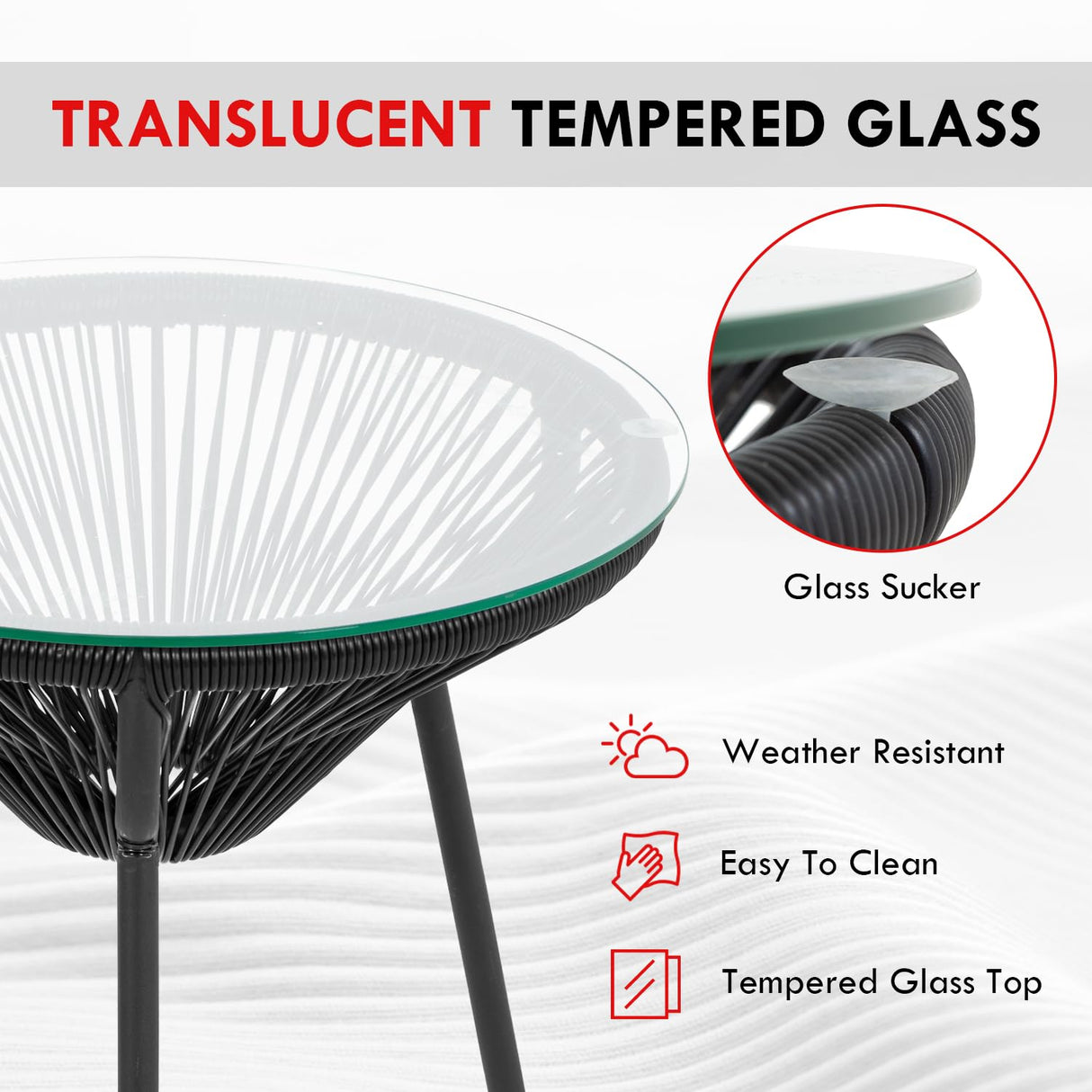 Acapulco Patio Bistro Set 3-Piece Outdoor Furniture Set All-Weather Woven Rope Patio Conversation Set with Glass Top Table and 2 Chairs (Black) PayLessHere