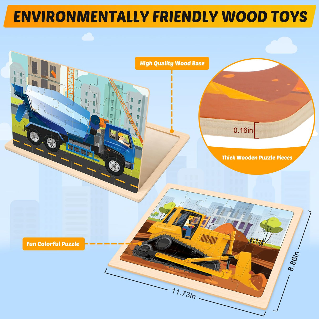 Wooden Puzzles for Kids Ages 4-6, 4 Packs 24 PCS Construction Vehicle Jigsaw Puzzles for Kids Ages 3-5, Preschool Educational Puzzles Boards Toys Gifts for Boys Girls Duchong