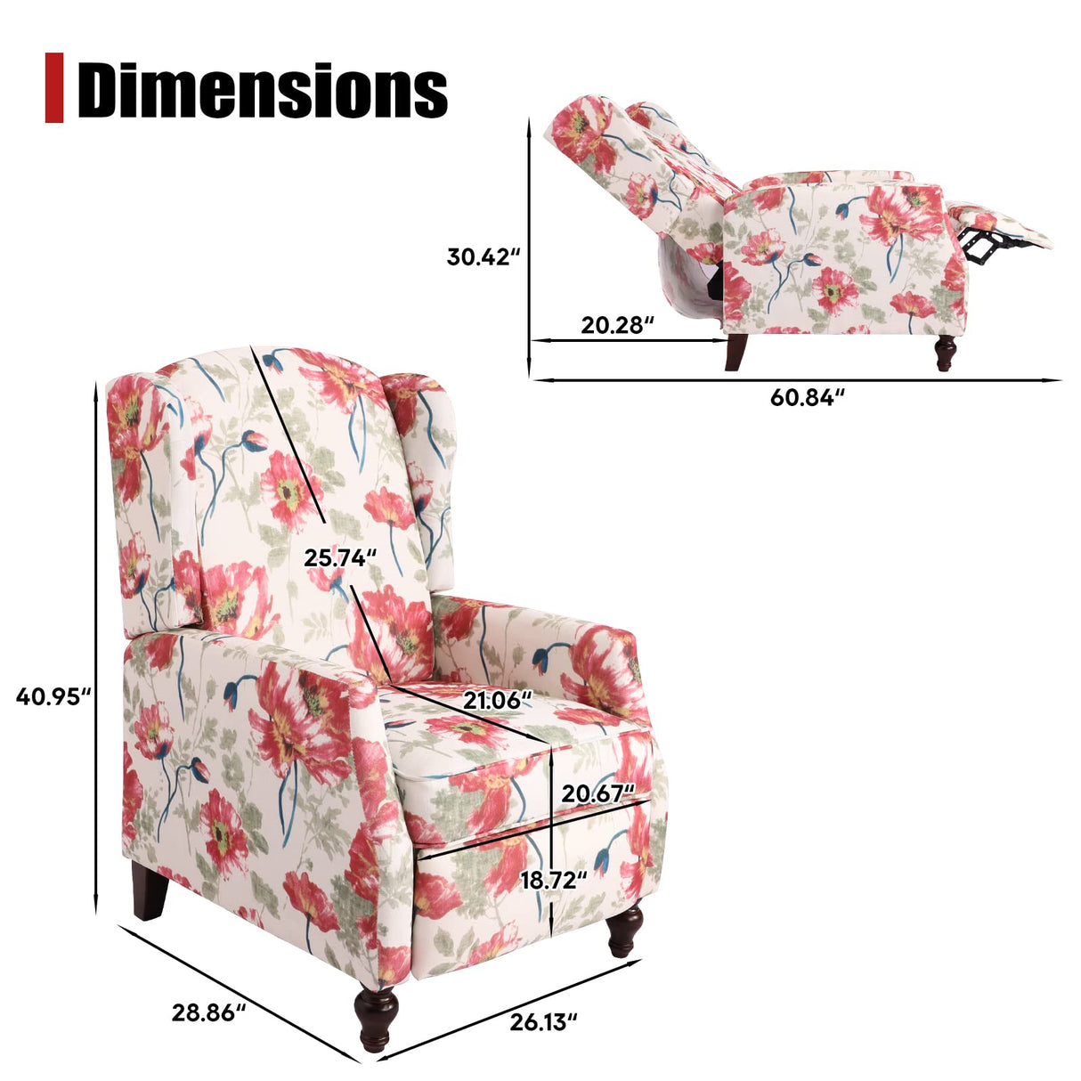 Consofa Upholstered Wingback Recliner Chair, Traditional Push Back Recliner Chair with Padded Seat, Fabric Floral Chair Wingback Recliner with Wooden Legs, Small Recliners for Small Spaces Consofa