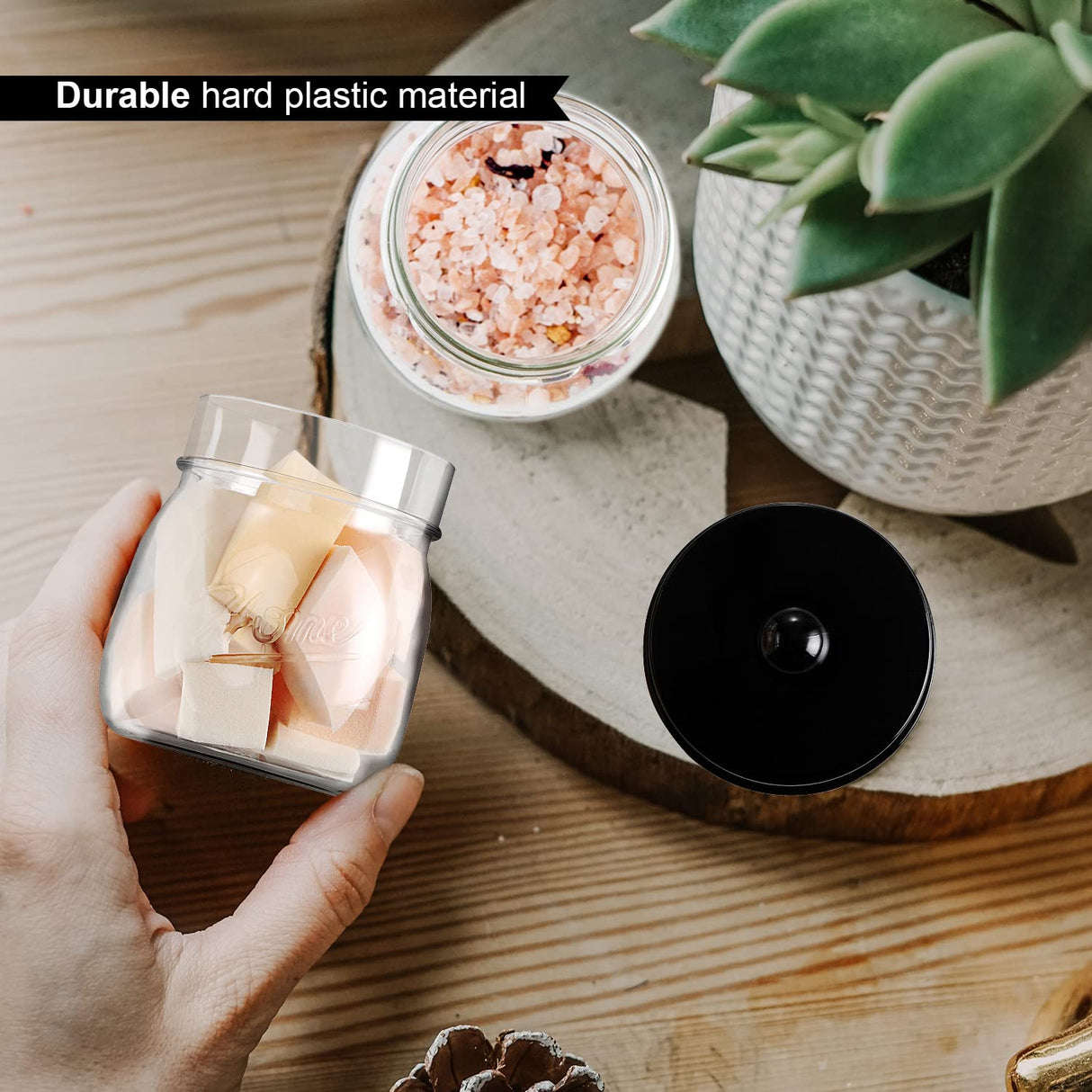 Farmhouse Decor Apothecary Jar Set,Mason Jar Bathroom Vanity Storage Organizer Canister - Qtip Holder Plastic Acrylic Jar for Cotton Swabs,Cotton Pads,Floss Picks,Paper Clips,Hair Clips(2 Pack,Black) SheeChung