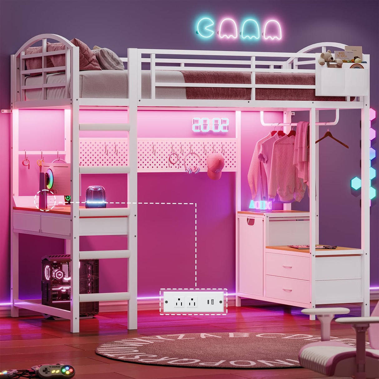 UPOSOJA Loft Bed Twin Size with Desk,4 Drawers,Power Outlet and LED Lighted,Cloth Rack,1 Storage Hamper,45.3" Pegboard with Hooks,No Box Spring Needed,Space-Saving,Noise Free (White) UPOSOJA