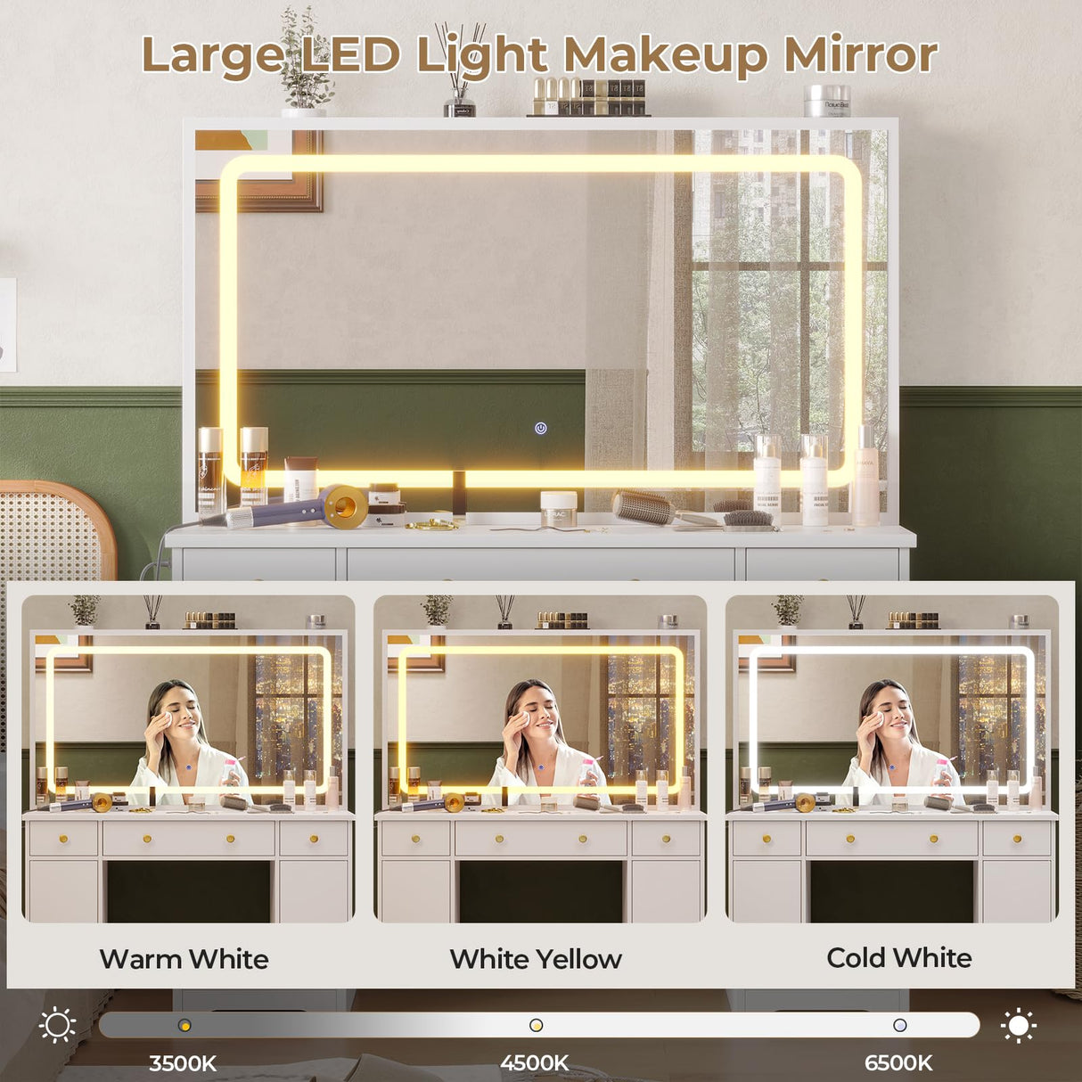 Hasuit Makeup Vanity Desk with Large Mirror and LED Lights, Vanity Table with Sliding Jewelry Cabinet and Power Outlets, Vanity with Storage Cabinets & Drawers, 3 Lighting Modes Brightness Adjustable Hasuit