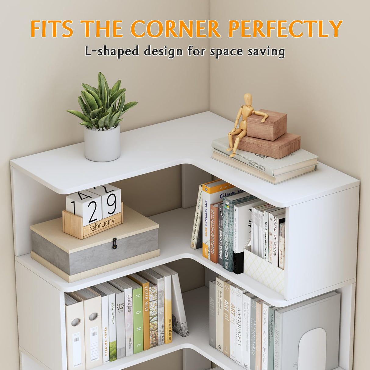 IOTXY 6-Tier L-Shaped Corner Bookshelf - 66" Tall Wooden Freestanding Bookcase with Open Shelf Units, Walnut IOTXY