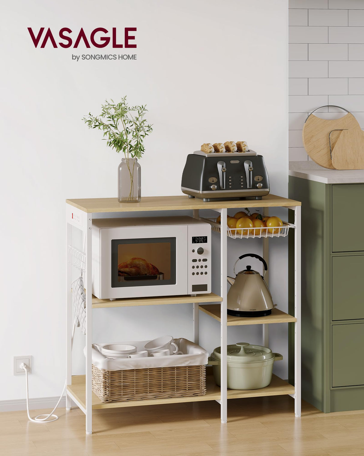 VASAGLE Baker's Rack, Coffee Bar Stand with Charging Station, Storage Shelves, Pull-Out Wire Basket, Table for Microwave, Kitchen, Oak Beige UKKS036Y09, 15.7 x 35.4 x 35.6 Inches VASAGLE