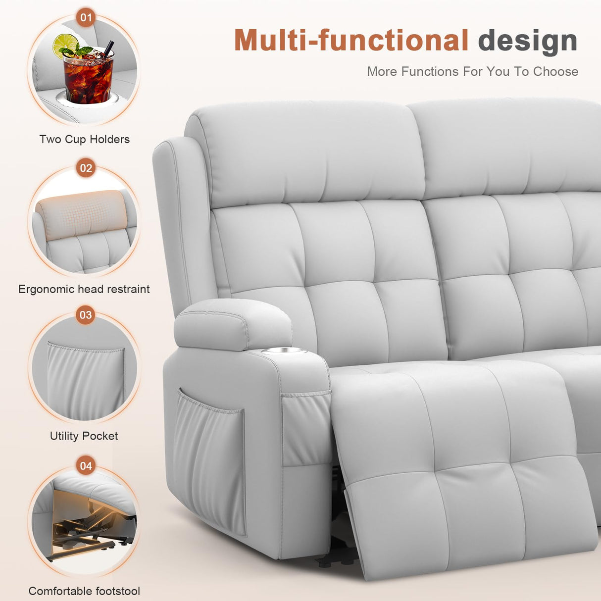 RV Loveseat Recliner Sofa, Oversized Massage Wall Hugger Recliner Couch with Side Pockets, Cup Holders, Reclining Sleeper, 150° Adjustable Recline & Padded Armrests, for RV (Light Gray, Loveseat) Tiooii