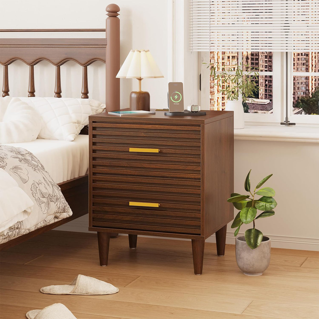 Alohappy Night Stands with Charging Station Set of 2, Mid Century Modern Nightstands, Wooden Bedside Table for Bedroom, End Table with Storage Drawers, Bed Side Table with USB Outlets, Brown 2pcs Alohappy