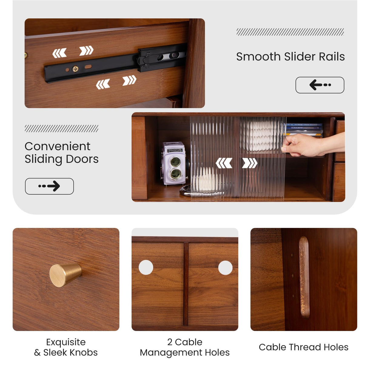 Giantex Bamboo TV Stand for TVs up to 65”, PE Rattan Media Console with Sliding Doors, Drawers & Open Shelves, 5 Solid Wood Legs, 2 Cable Holes, Entertainment Center for Living Room, Bedroom, Walnut Giantex