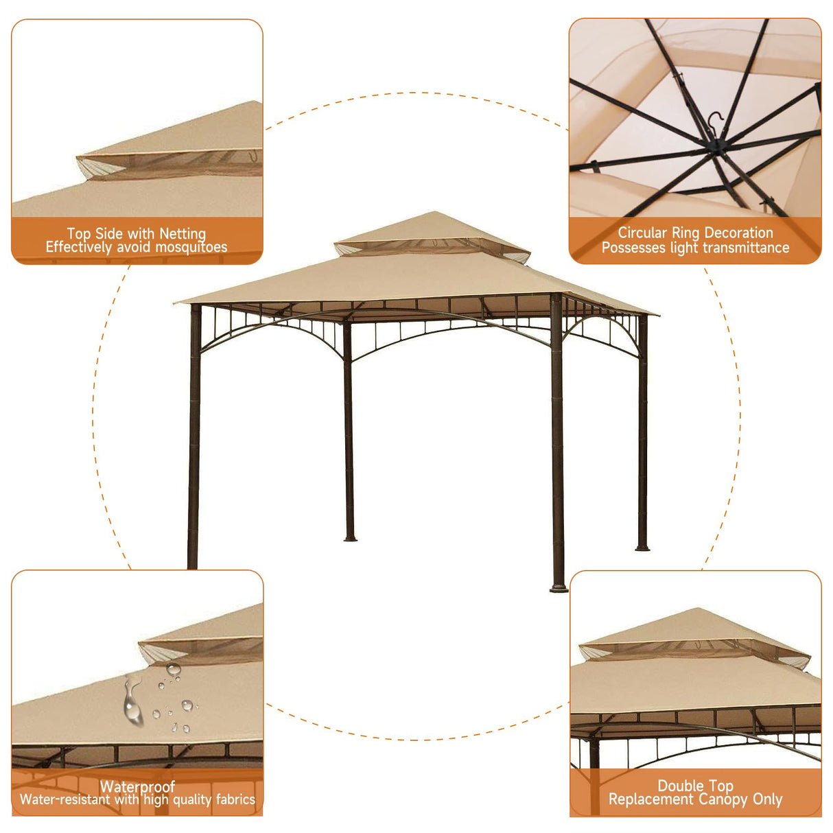 HETTRICK 10X10 Replacement Canopy roof Cover Top Only for Target Madaga Gazebo(Khaki) HETTRICK