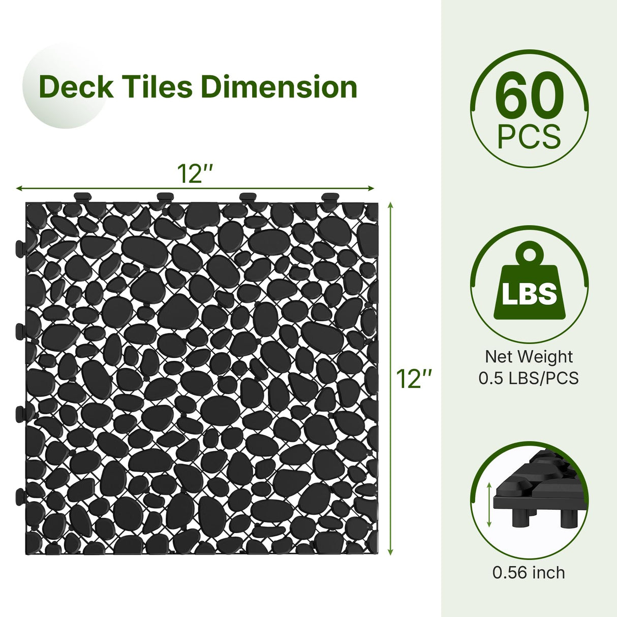 Rovibek 60PCS Plastic Interlocking Deck Tiles Outdoor, 12"x12" Pebble Interlocking Tiles for Outdoor Patio Flooring, All Weather, Non-Slip Plastic Drainage Tile for Bathroom Balcony Backyard, Black Rovibek