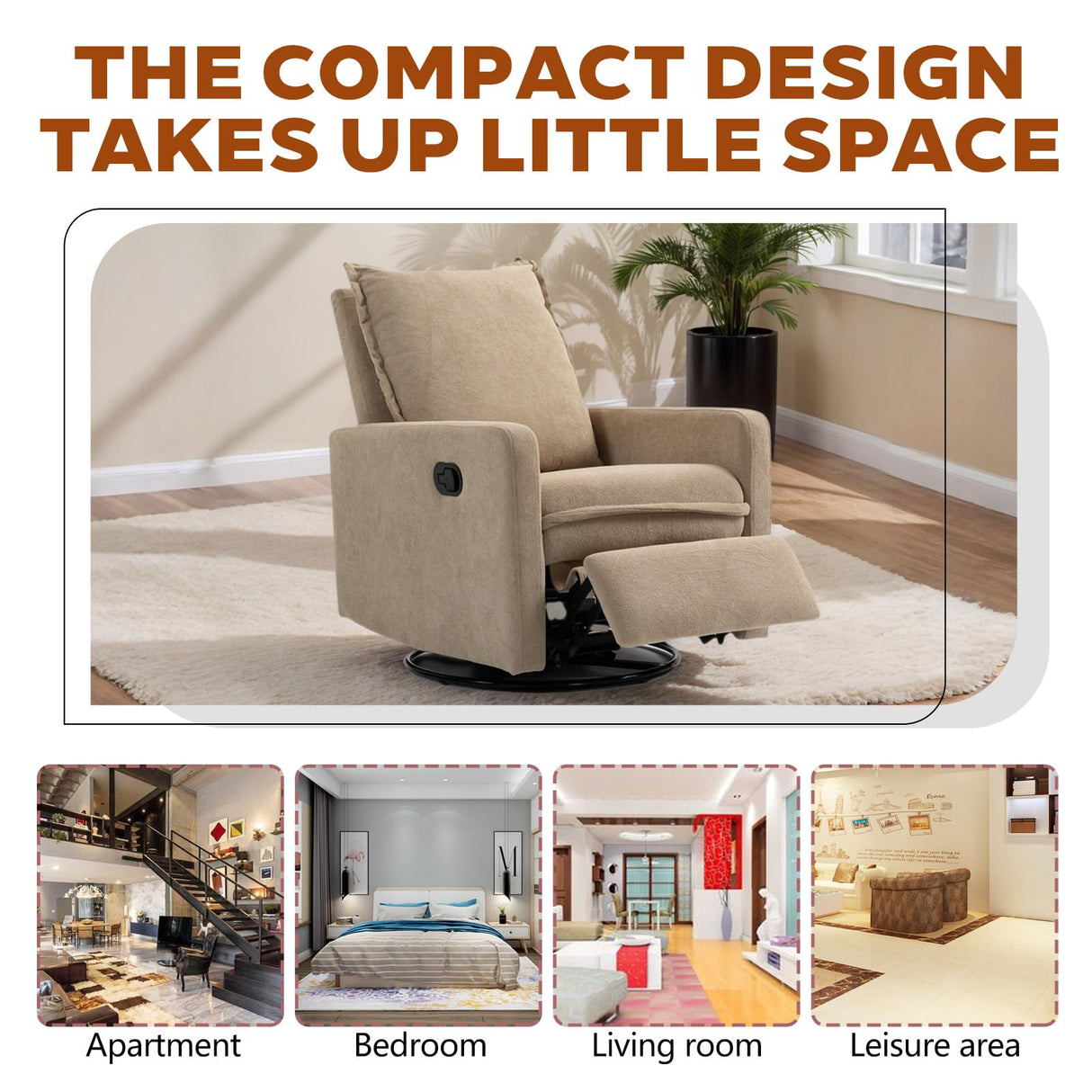 Rocker Recliner Chair for Adults, Swivel Rocker Recliner Chairs with Armrests, Glider Recliner Nursery Chair with Black Metal Base, Small Recliners for Small Spaces, Living Room (Camel) Anwick