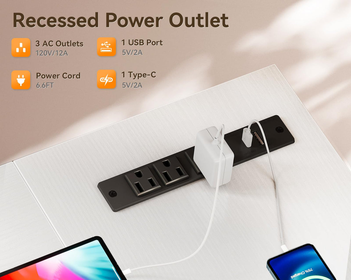 Coleshome 42 Inch L Shaped Desk with Drawers, Computer Desk with Power Outlets, Home Office Desk with 6 Drawers, Reversible Corner Desk for Small Space, Study Work Table with Hook, White Coleshome