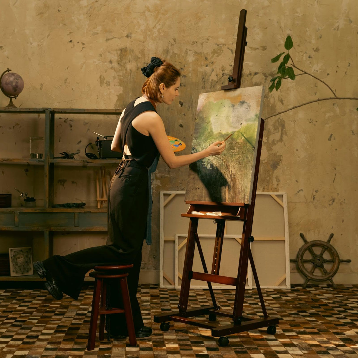 MEEDEN Extra Large Studio H Frame Easel 75" to 146"H, Hold Canvas up to 93", Heavy Duty Adjustable Art Painting Easel, Solid Beech Wood Artist Easel Stand with Storage Tray & 4 Wheels, Light Walnut MEEDEN