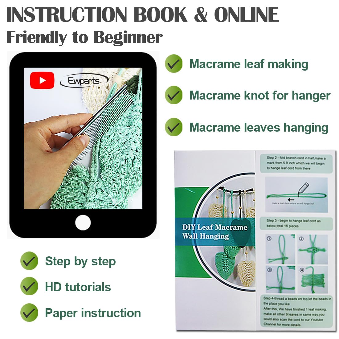 Ewparts Macrame Leaves Wall Hanging Kit Macrame Kits for Adults Beginners Easy Macrame Leaf Hanging Making kit with 4mm Macrame Cord,Instruction Book,Wooden Beads for Starters Adults DIY Craft Kit Ewparts
