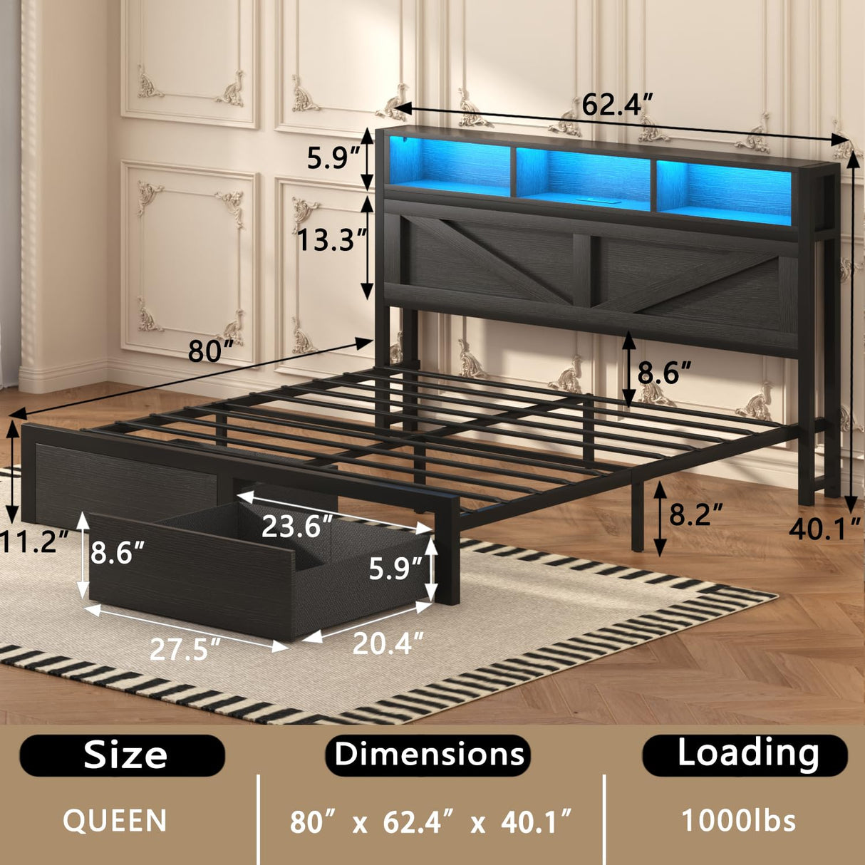 Incyneva Farmhouse Queen Bed Frame with Bookcase Storage Headboard, Charging Station, LED Light and 2 Storage Drawers, Noise Free, No Box Spring Needed, Black Incyneva