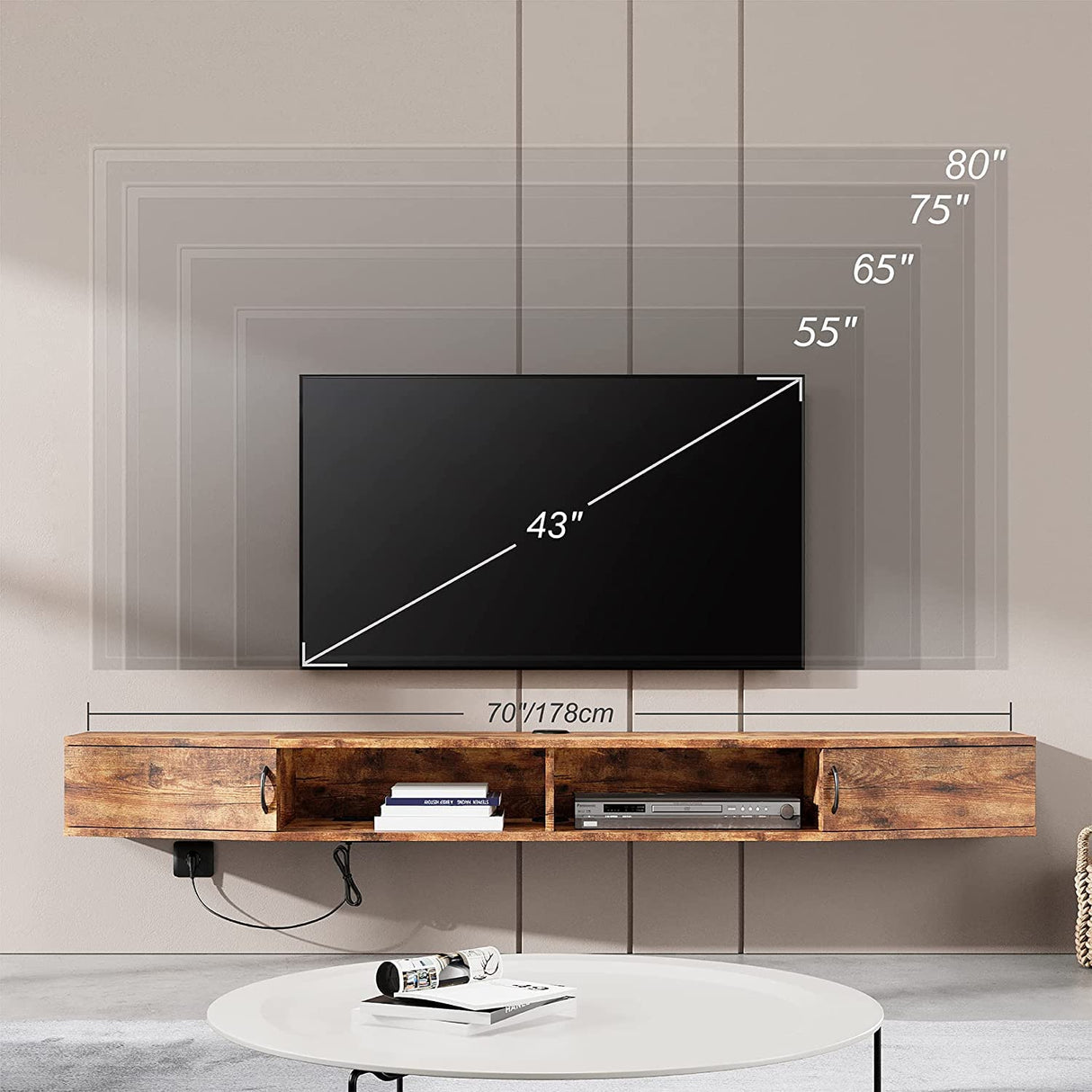 FITUEYES Wall Mounted Floating TV Shelf with Yellow Light, Flaoting Entertainment Center TV Shelf for Under TV, Wall Mounted TV Console Cabinet,70'',Brown FITUEYES