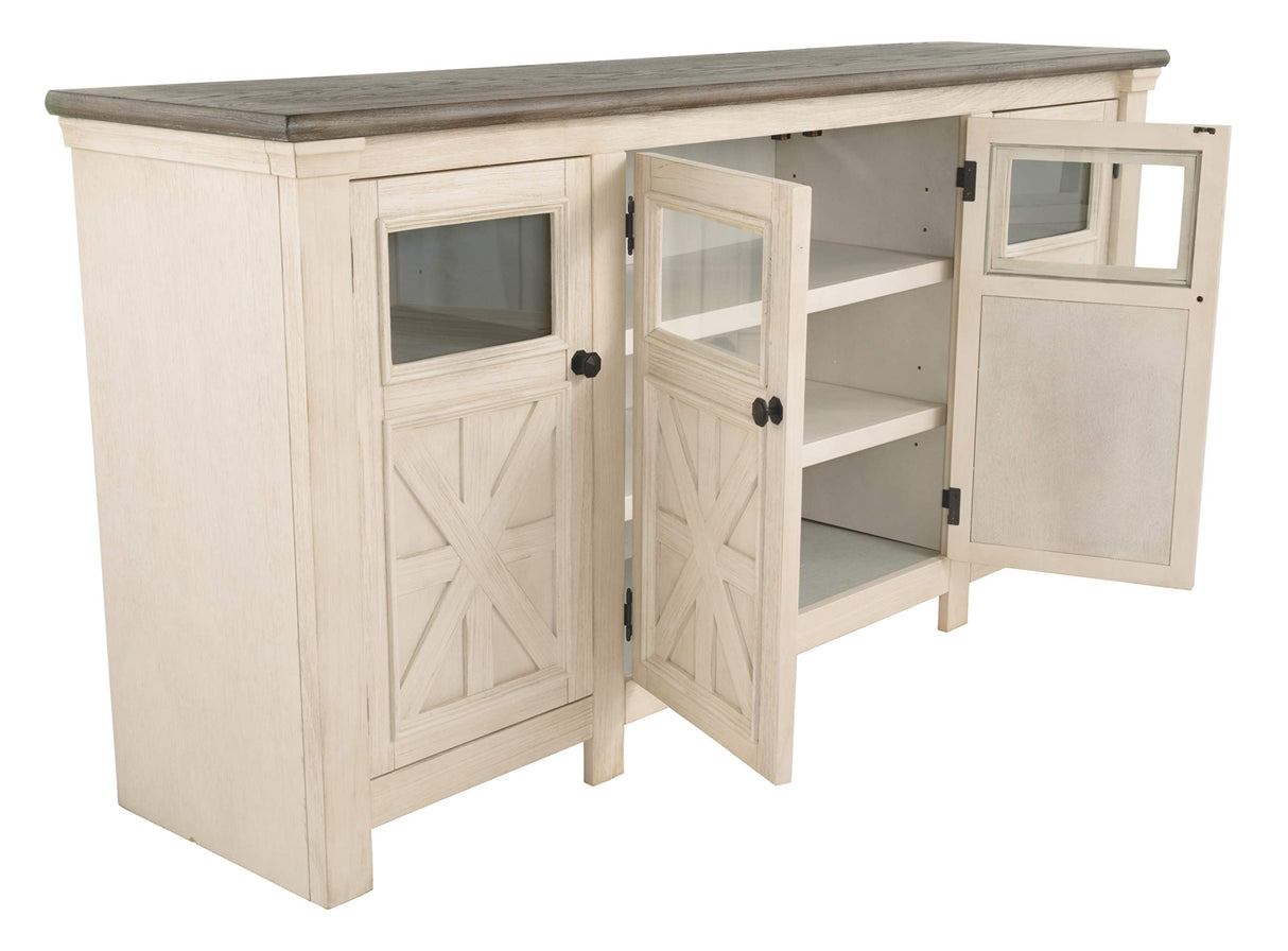 Signature Design by Ashley Bolanburg Two Tone Farmhouse TV Stand, Fits TVs up to 72", 3 Cabinets and Adjustable Storage Shelves, Whitewash Signature Design by Ashley