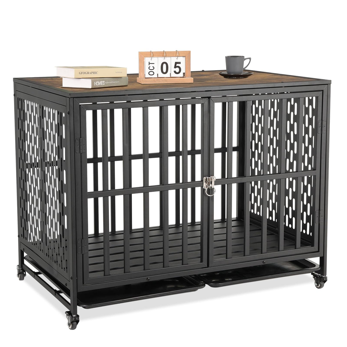 HIDOG 42'' Dog Crate Furniture, Wooden Dog Kennel with Lockable Wheels, Dog Crate End Table with Trays, Decorative Dog Kennel Indoor, Heavy Duty Dog Cage for Medium Large Dogs, Rustic Brown HIDOG