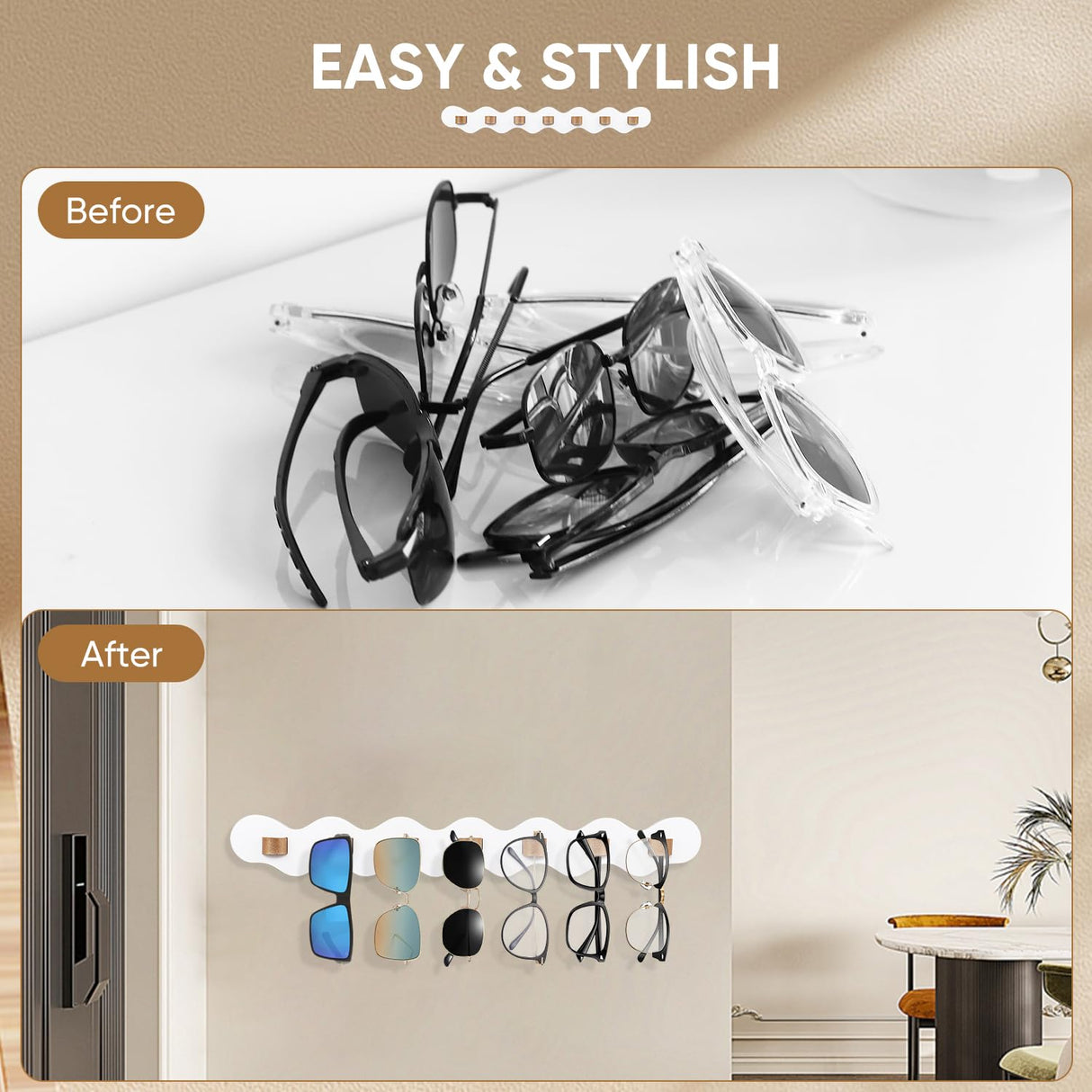 ONULISS Beechwood Sunglasses Organizer Wall, Wall Mounted Sunglass Holder, Hanging Eye Glasses Organizer Storage with 7 Slots, Sun Glass Holder (White) ONULISS