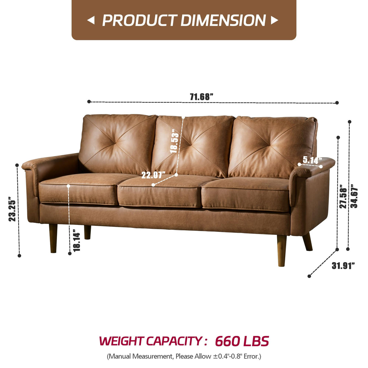 72'' 3-Seater Deep Seat Sofa Couch, Mid-Century Modern Couch, Brown Faux Leather Small Couch for Apartment, Living Room, Bedroom(Light Brown) weaxty W