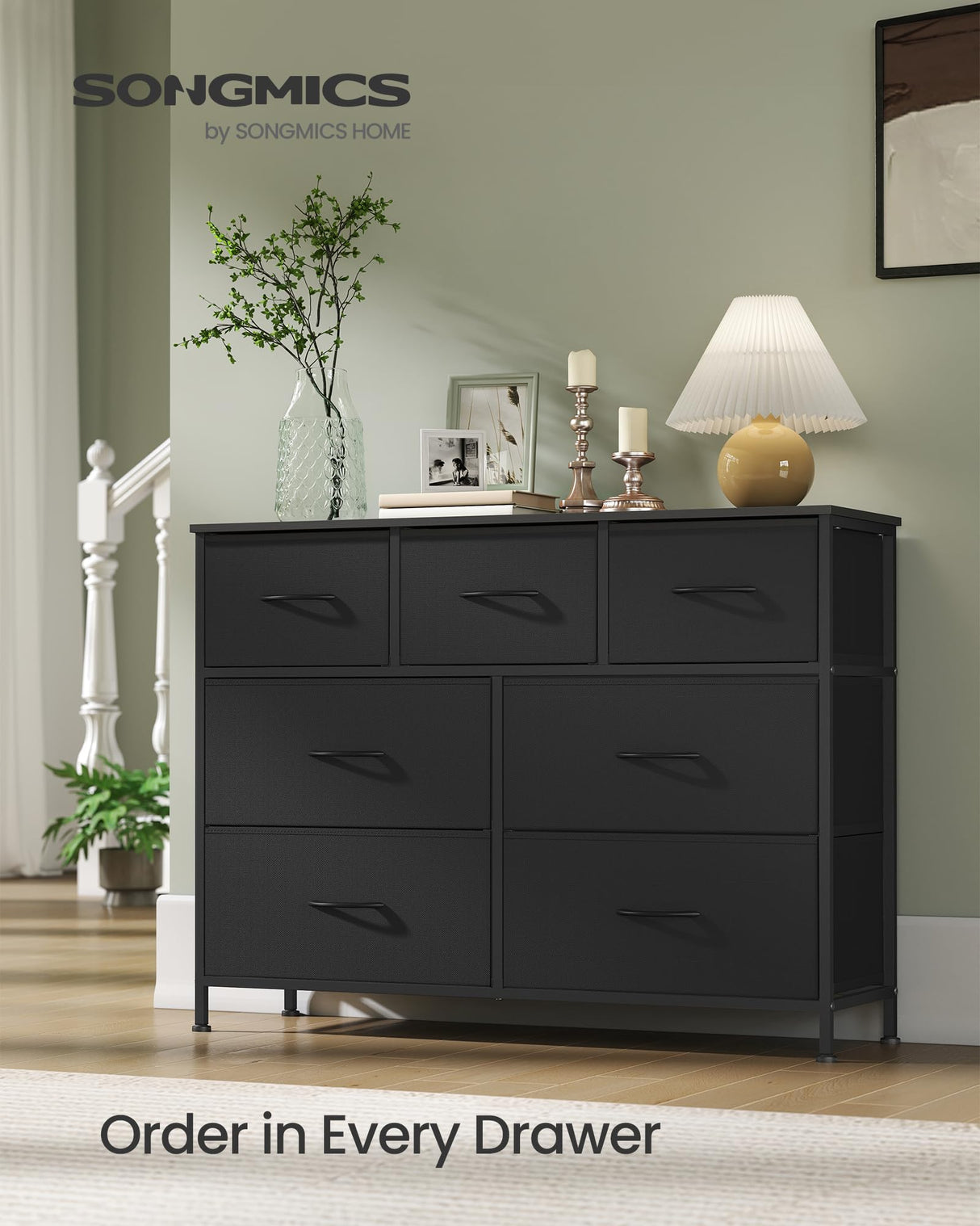 SONGMICS Dresser for Bedroom, Chest of Drawers, TV Stand, Steel, MDF, 7 Non-Woven Fabric Drawers, Storage Organizer Unit, Closet, Entryway, Ink Black and Ebony Black ULGS323B01S SONGMICS