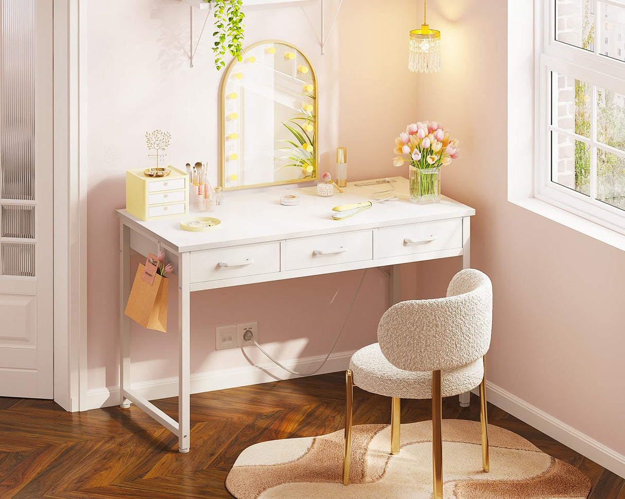 AODK 48" Vanity Desk no Mirror with 3 Fabric Drawers, Small Makeup Vanity Desk for Bedroom with Power Outlet, White Vanity Table with Versatile Hook, Girls Vanity Makeup Table, White AODK
