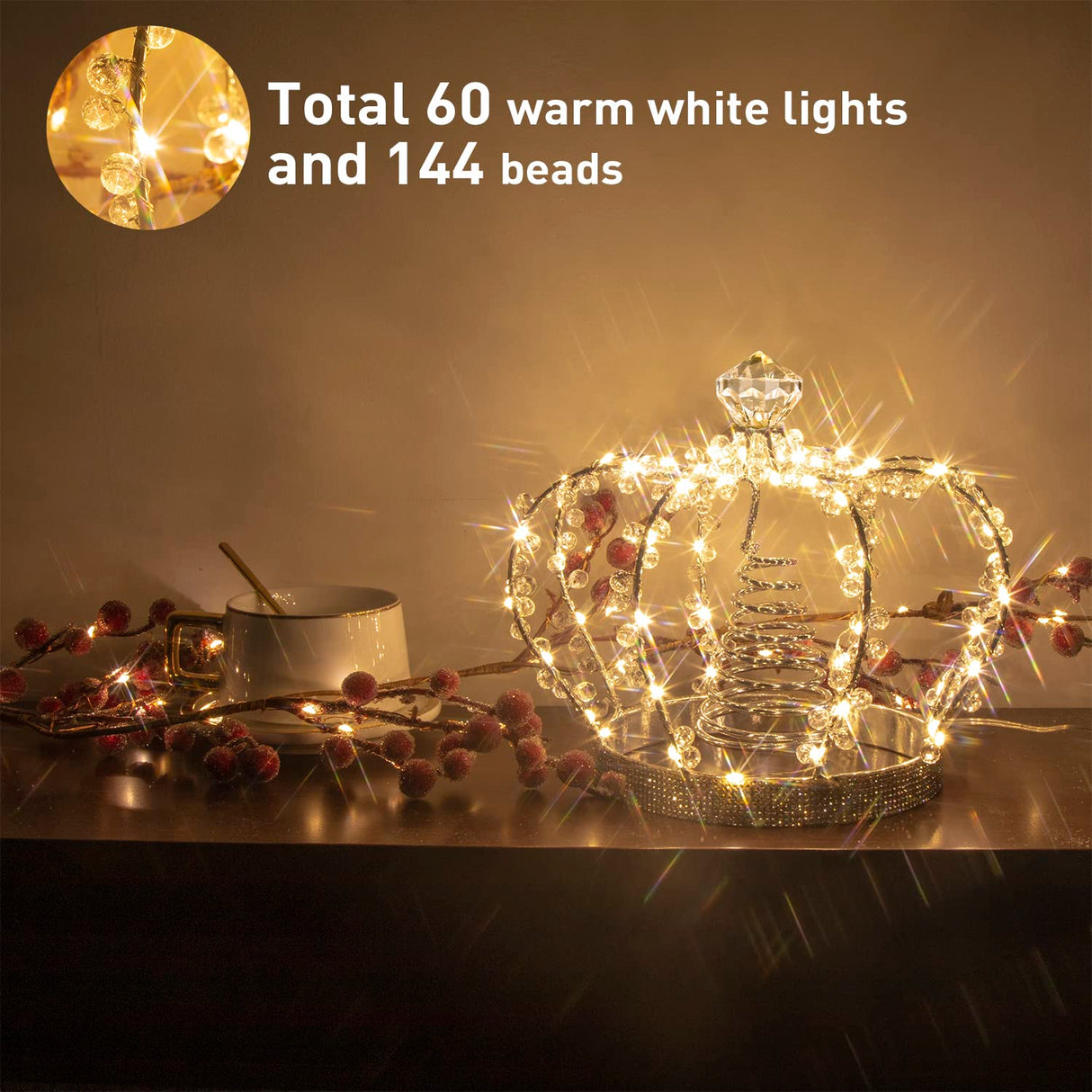 PEIDUO Christmas Jeweled Crown Tree Topper, Light up Tree Topper with 60 Warm White Lights, Large Christmas Topper Unique with Multifunction Controller, Metal Xmas Topper Decorations for Tree, Plug in PEIDUO