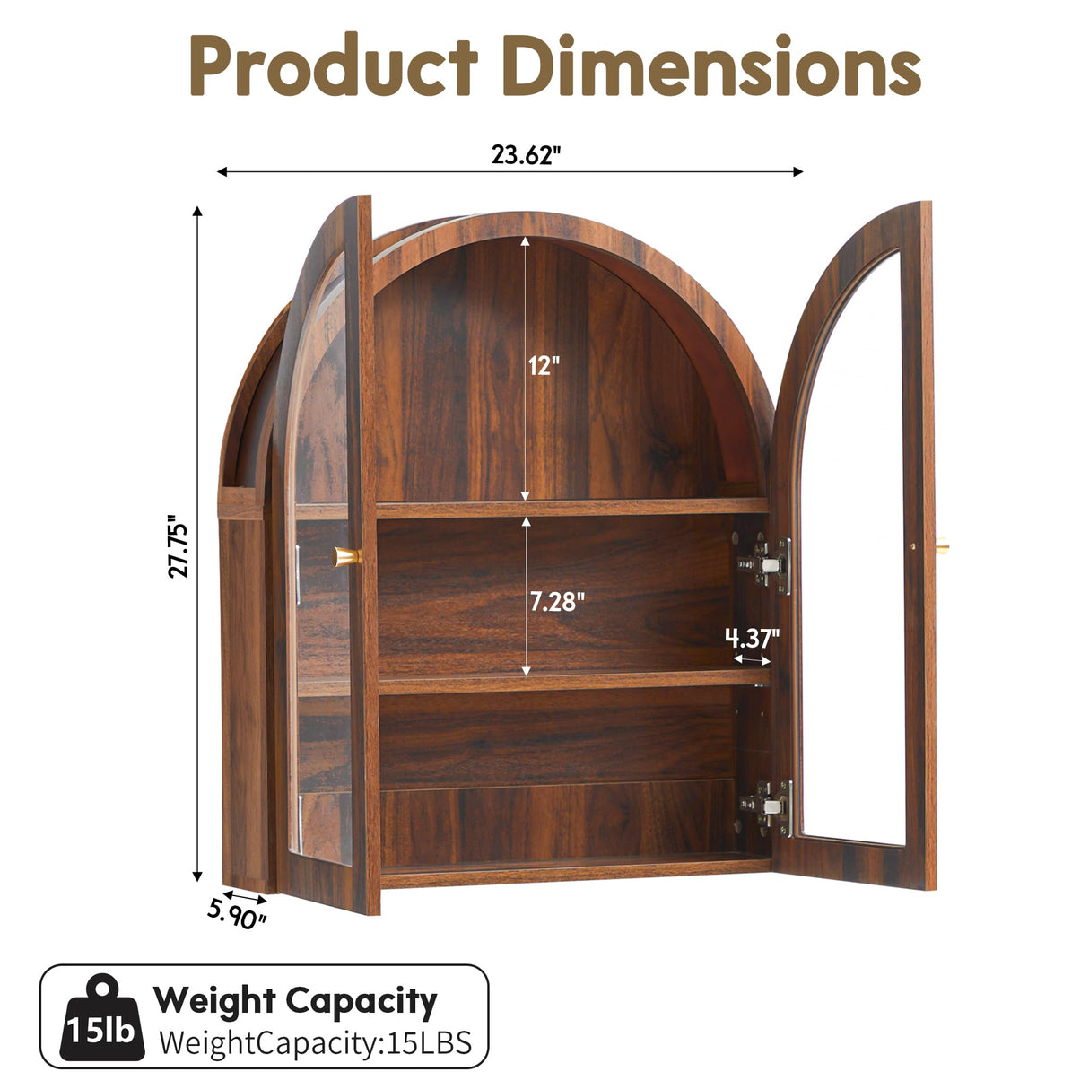 YUCHIATH Wall Bathroom Cabinet with Glass Doors, Wood Medicine Cabinet with Adjustable Shelf, Arched Hanging Cabinet for Bathroom, Livingroom, Kitchen (Walnut) YUCHIATH