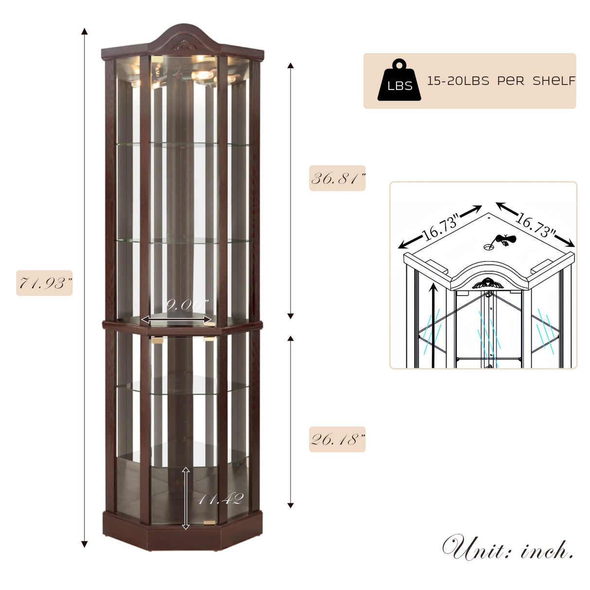 Lighted Corner Curio Cabinet with Tempered Glass Doors and Shelves, 72"H Glass Display Cabinet with Curved Top Carving, Light Bulb Included, Rack for Liquor Storage and Living Room (Dark Cherry) Eyisean