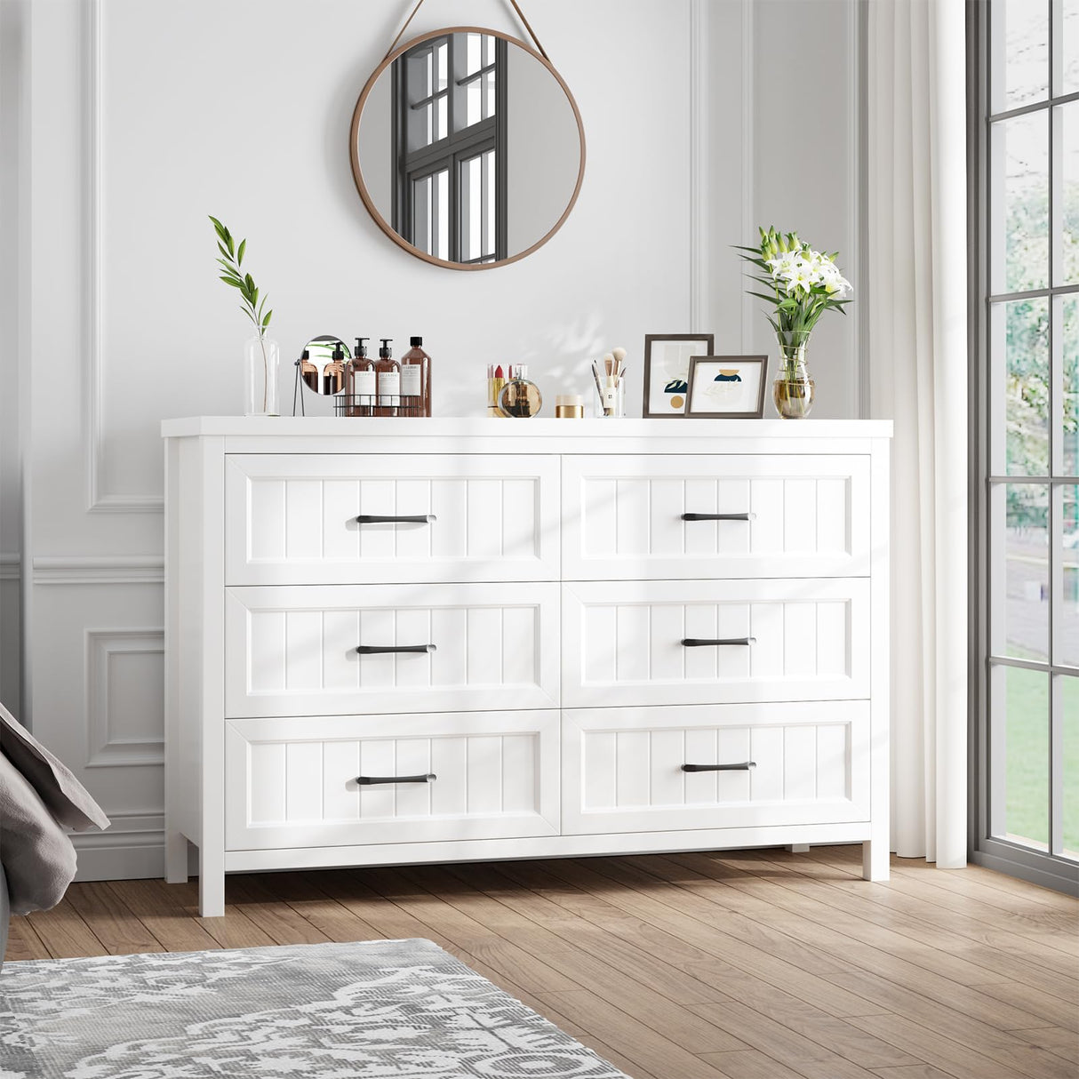 Jocoevol White Farmhouse 6 Drawer Dresser for Bedroom - Large Double Dressers TV Stand with Deep Drawers Dressers for Hallway, Entryway - Off White Jocoevol